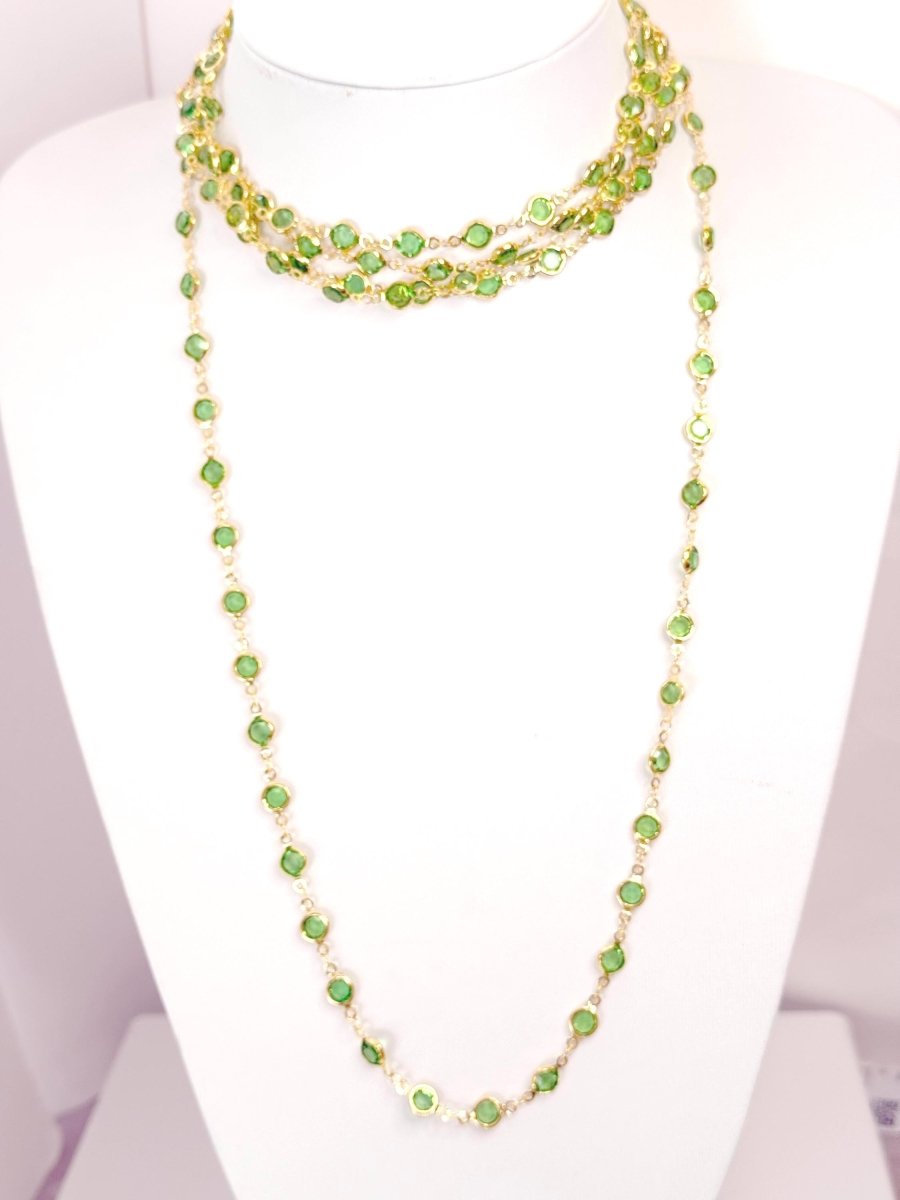Extra Long Peridot Green Round CZ Crystal Chain Necklace | Gold Tone | 78/40 Inch 