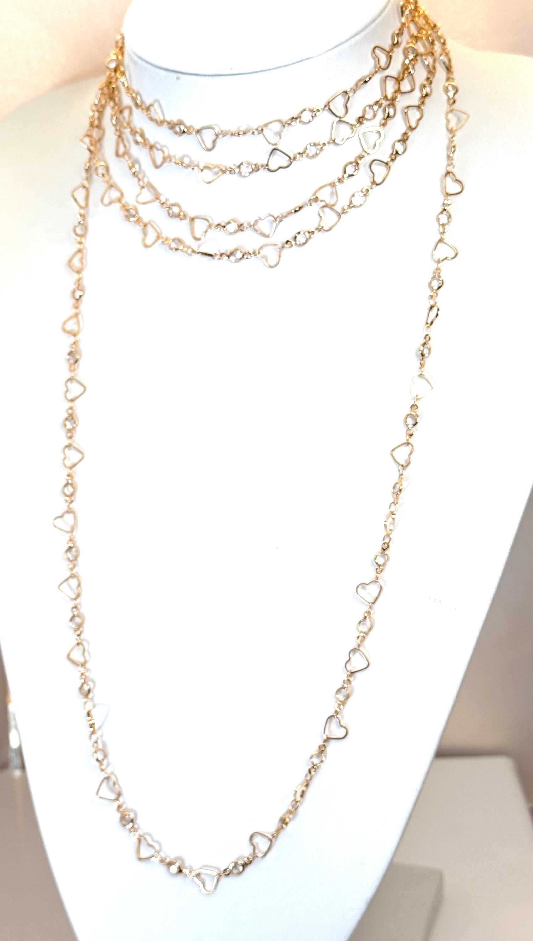 Gold Heart CZ Crystal Chain Necklace | Extra Long Statement Jewelry