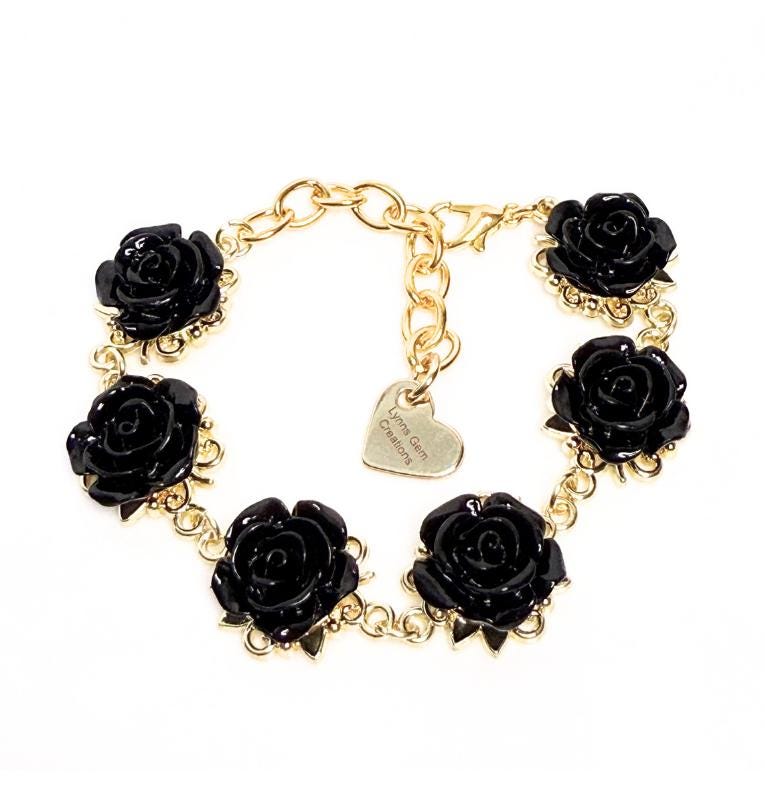 Black Rose Gold Plated Flower Jewellery Set, Medieval Tudor Style Floral Choker, Cottagecore Wedding, Regency Style Rose Jewellery