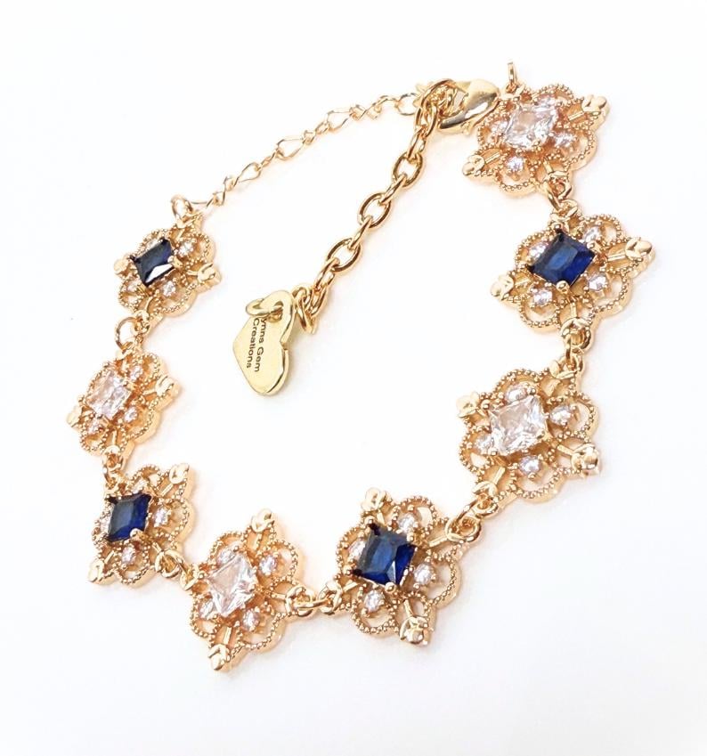Vintage Style Sapphire Crystal Gold Bracelet | Regency Inspired Jewelry