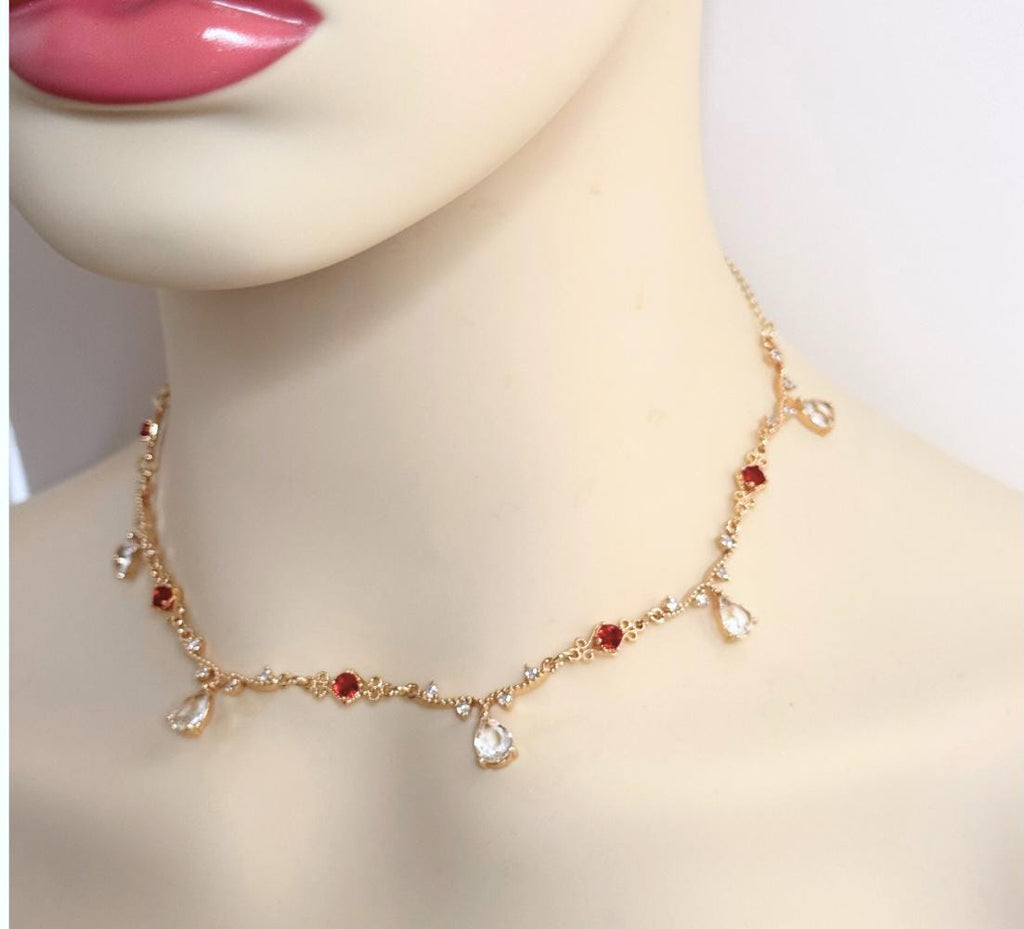 Dainty Red Clear Crystal Gold Necklace | Coquette Jewelry | Regency Inspired