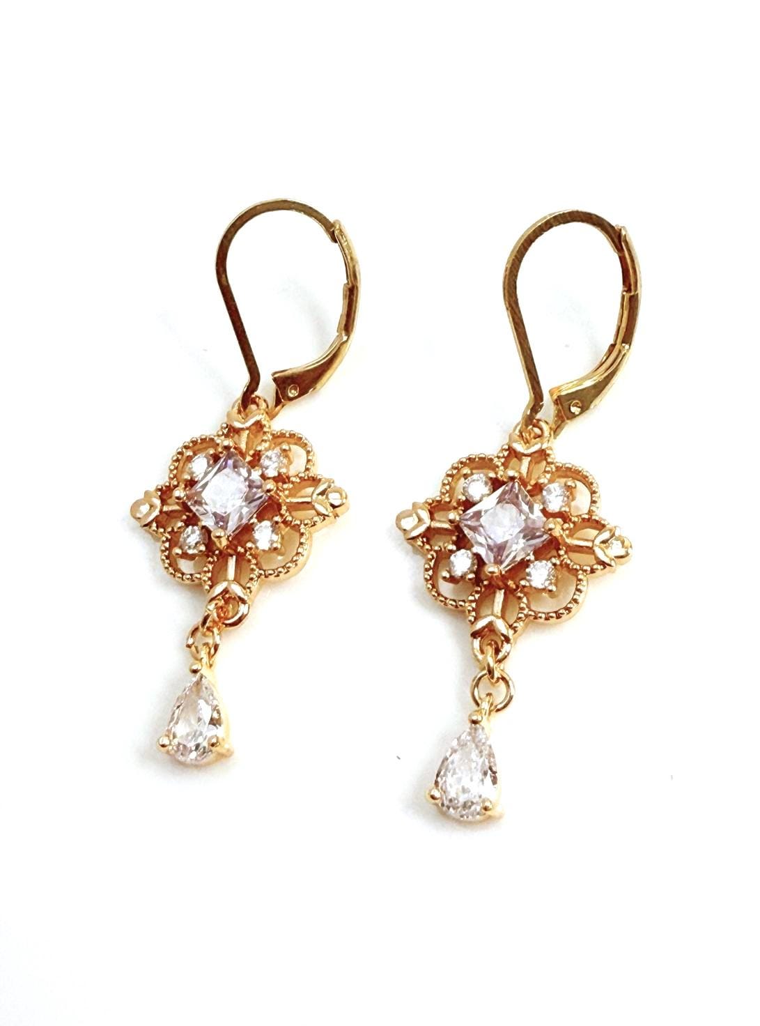 Victorian Style Crystal Gold Earrings, Regency Inspired Drops, Regal Flower Earrings, Fairycore Dangles, Earrings For Women.