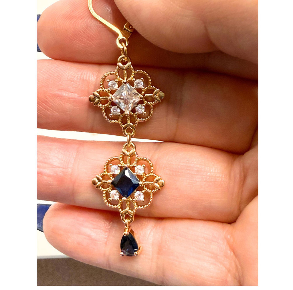 Vintage Style Sapphire Crystal Gold Earrings, Regency Inspired Choker, Regal Flower Necklace, Fairycore Bracelet, Jewellery Set For Women
