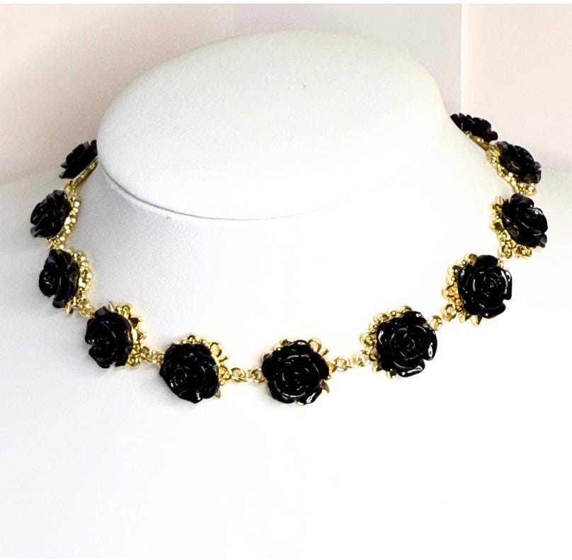Black Rose Gold Plated Flower Jewellery Set, Medieval Tudor Style Floral Choker, Cottagecore Wedding, Regency Style Rose Jewellery
