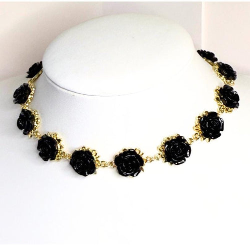 Black Rose Gold Plated Flower Jewellery Set, Medieval Tudor Style Floral Choker, Cottagecore Wedding, Regency Style Rose Jewellery