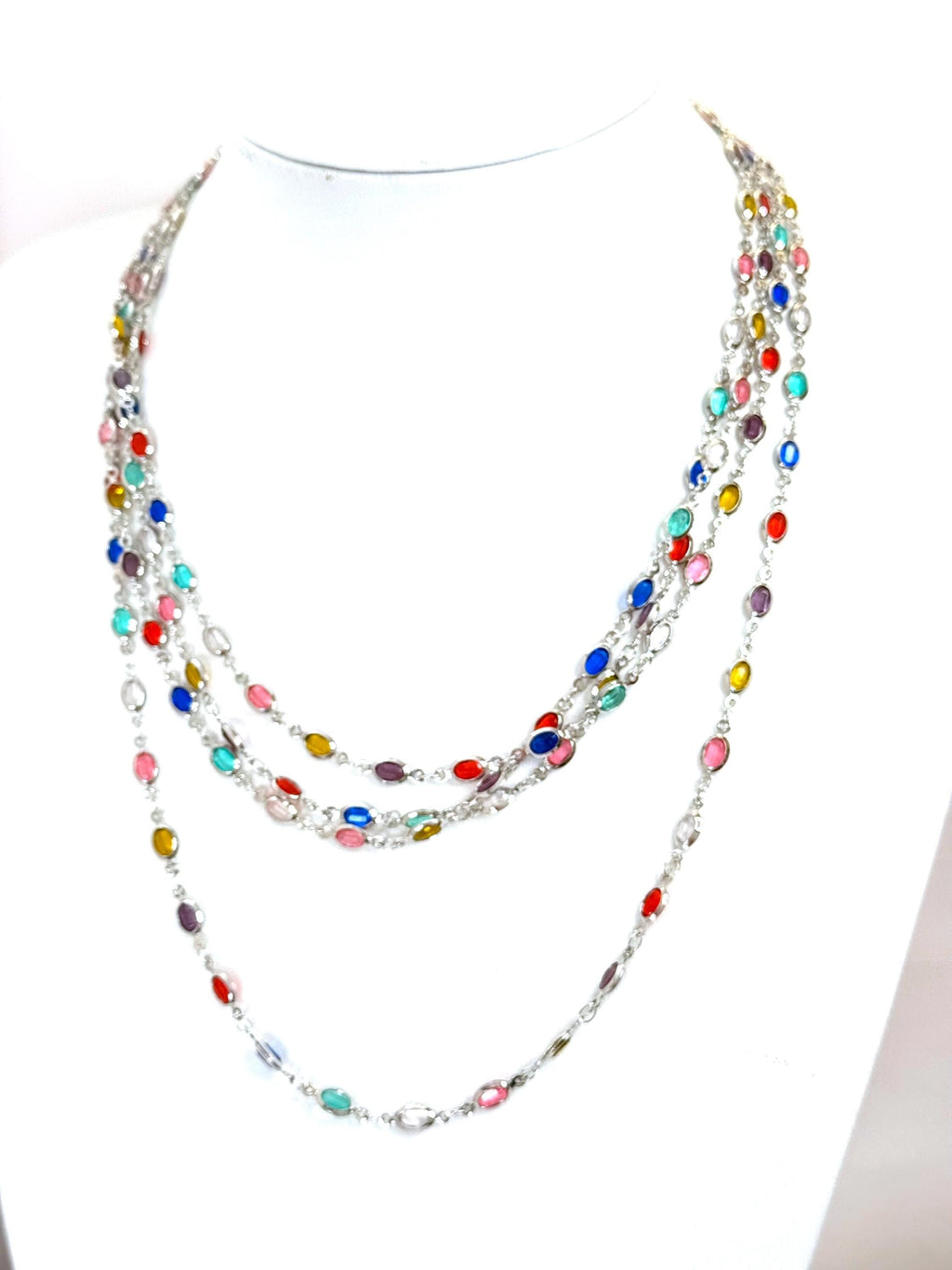Multicolor Crystal Chain Necklace | Extra Long Silver Tone Statement Jewelry