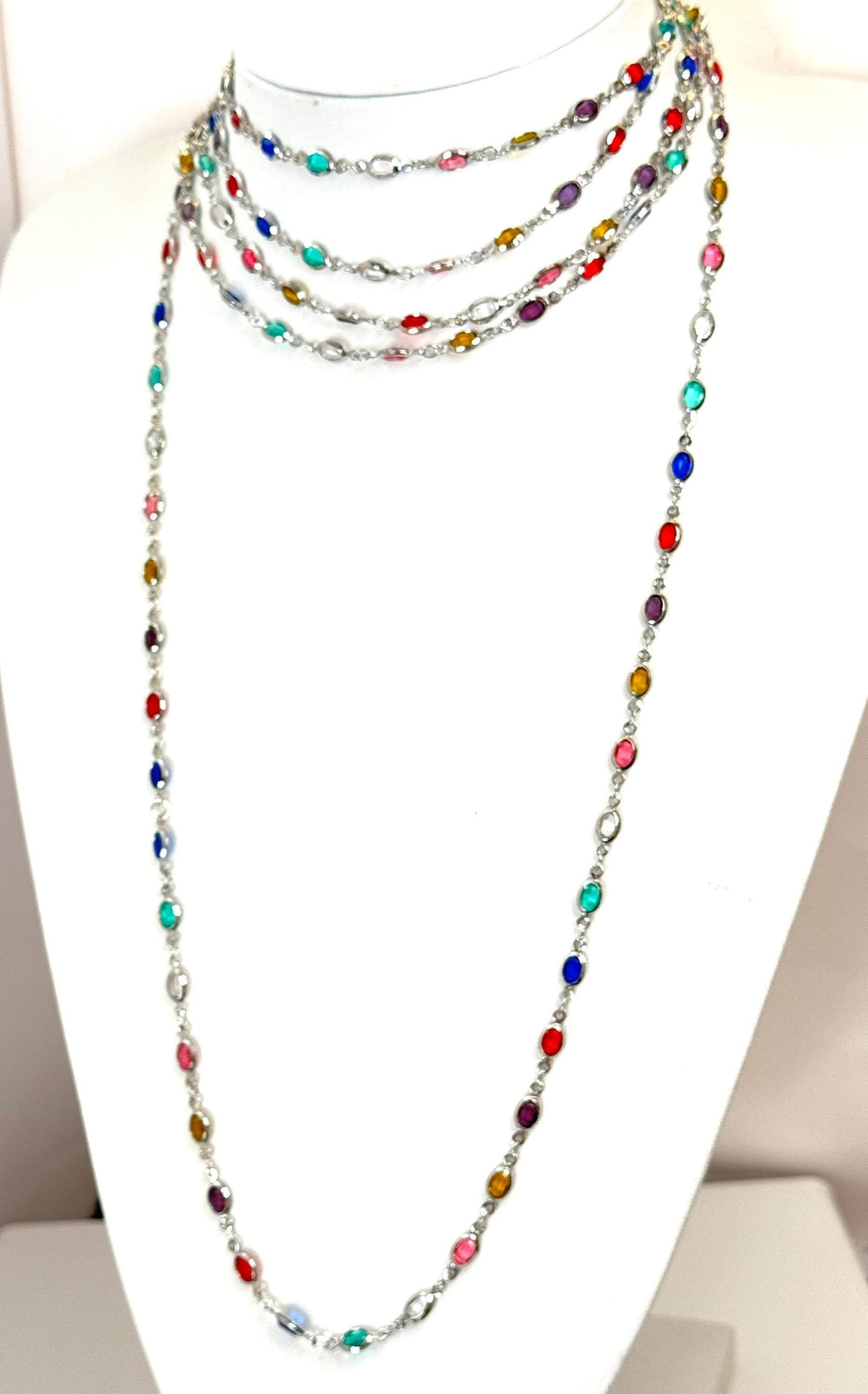 Multicolor Crystal Chain Necklace | Extra Long Silver Tone Statement Jewelry