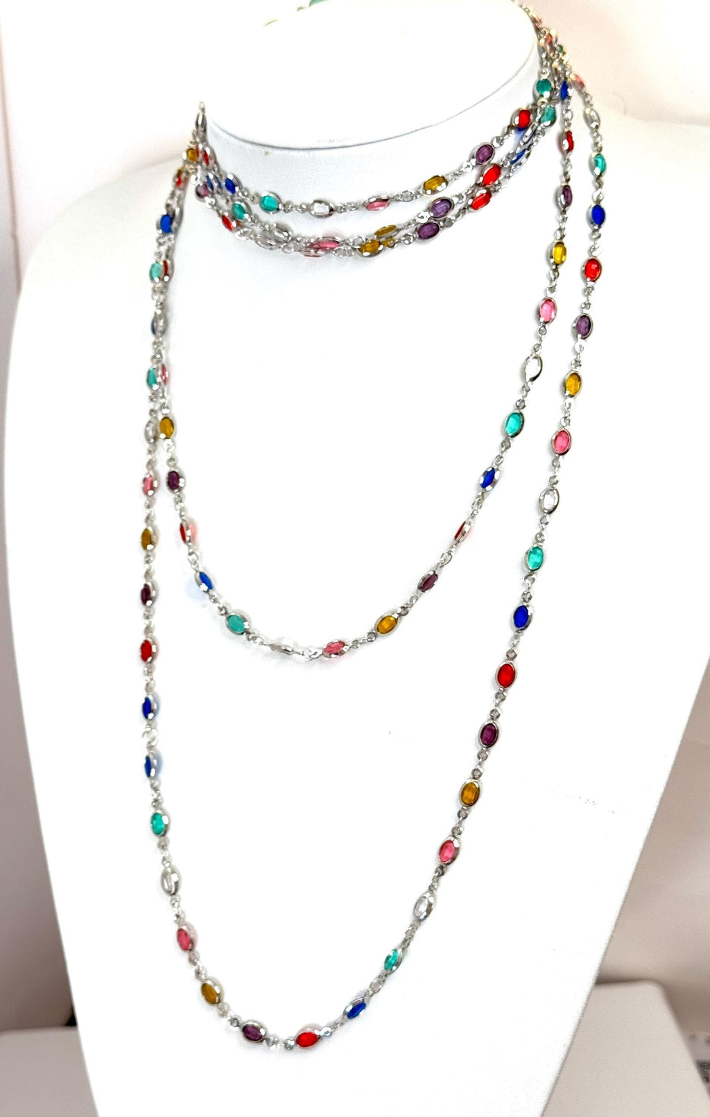 Multicolor Crystal Chain Necklace | Extra Long Silver Tone Statement Jewelry