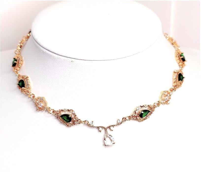 Emerald Flower Teardrop Jewelry Set | Elegant Green Regency Jewelry | Wedding Fairycore Choker
