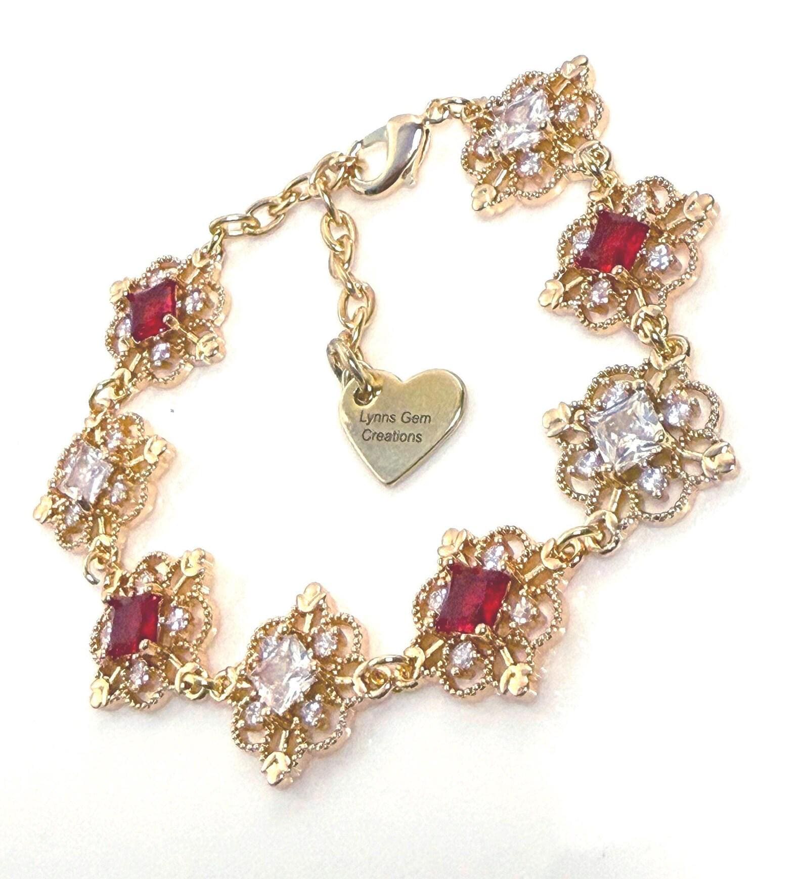 Ruby Red Crystal Gold Bracelet, Vintage Regency Style Flower Jewelry