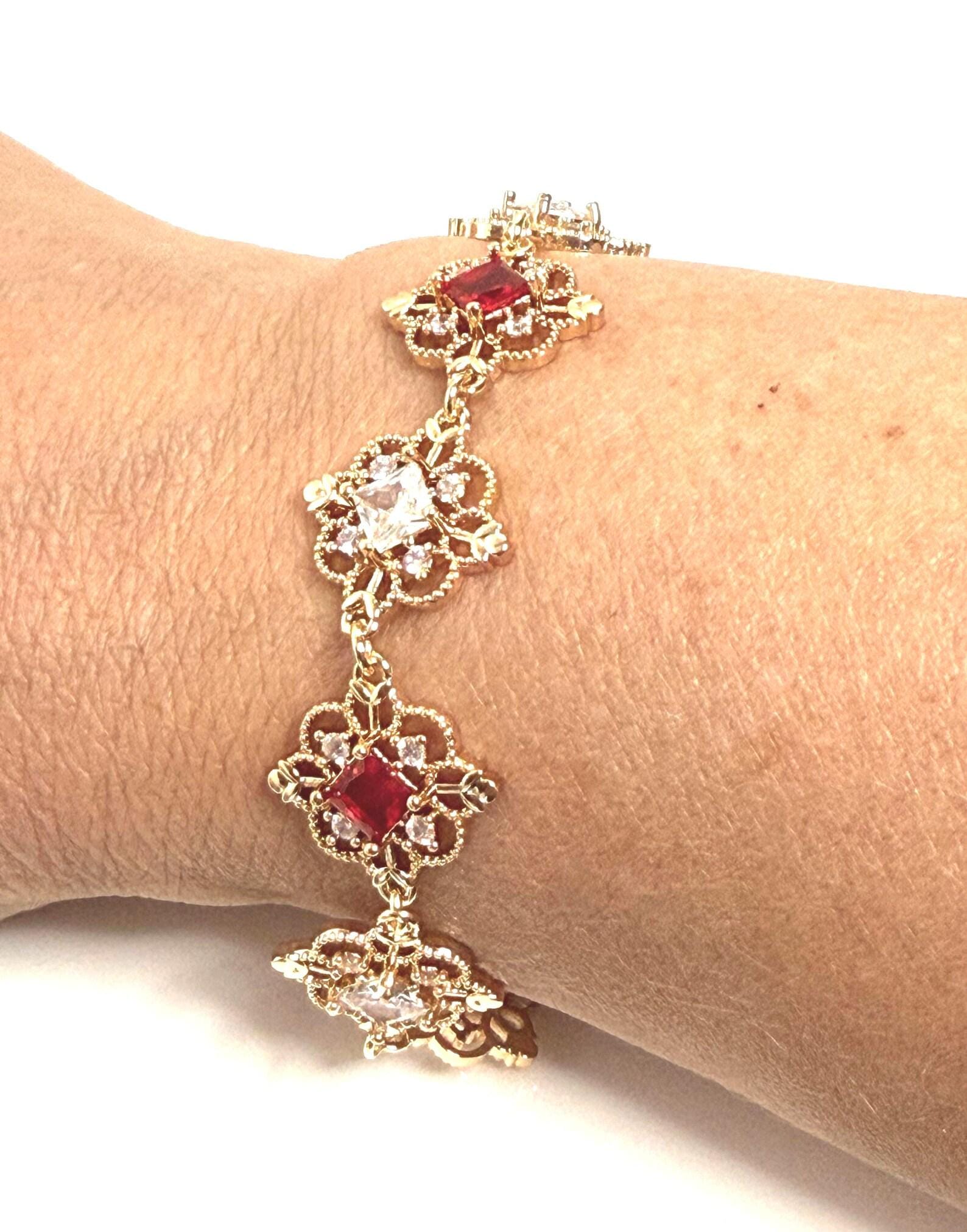 Ruby Red Crystal Gold Bracelet, Vintage Regency Style Flower Jewelry
