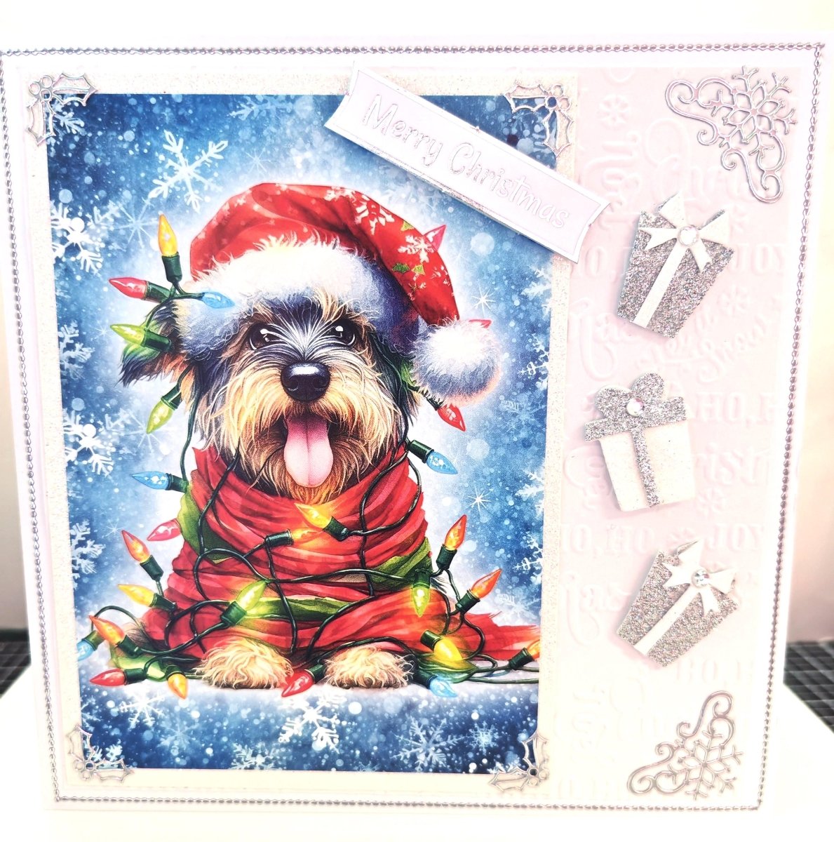 Luxury Handmade Christmas Card Featuring a Cute Dog Wrapped in Lights | 3D Xmas Card