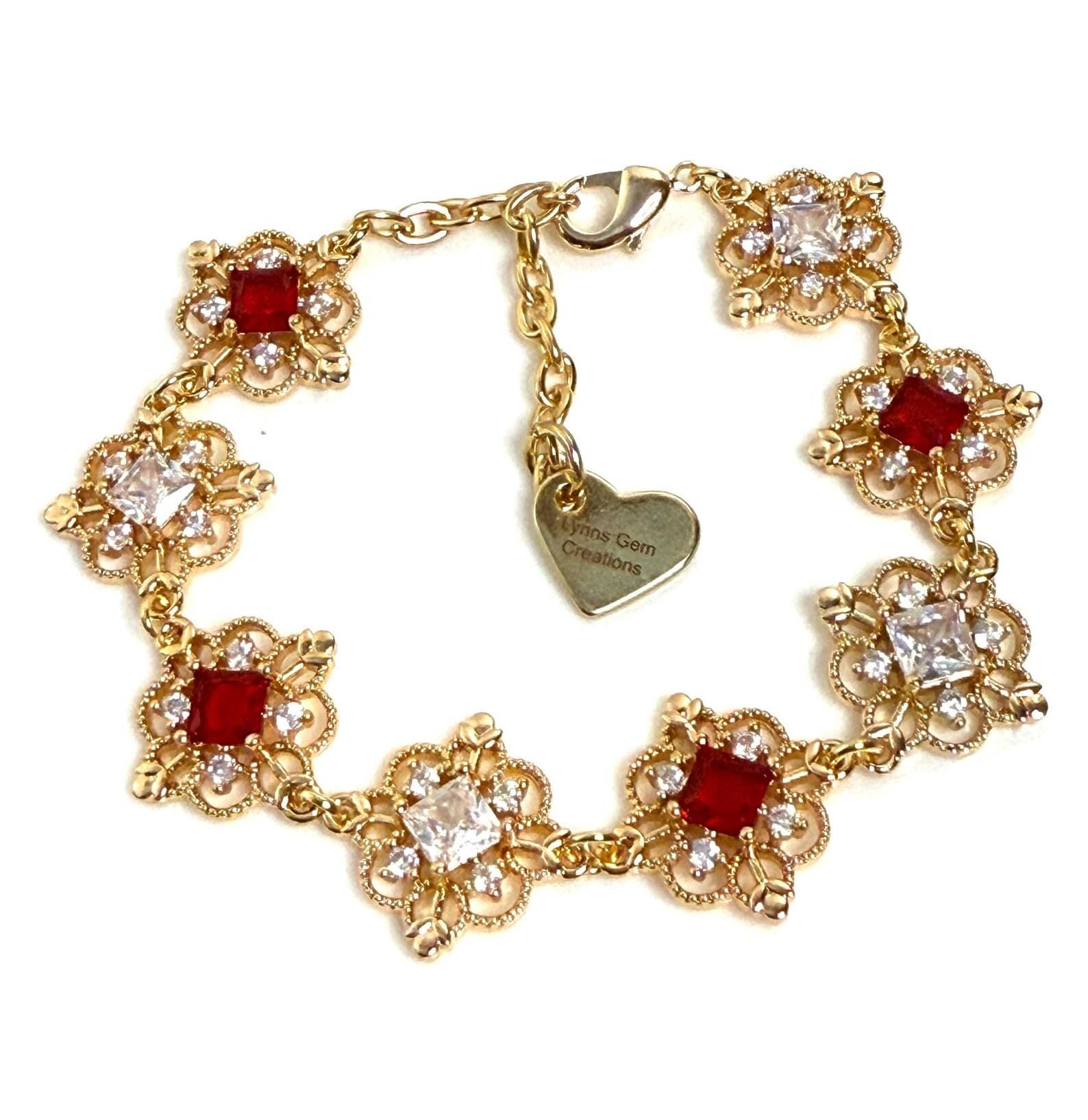 Ruby Red Crystal Gold Bracelet, Vintage Regency Style Flower Jewelry