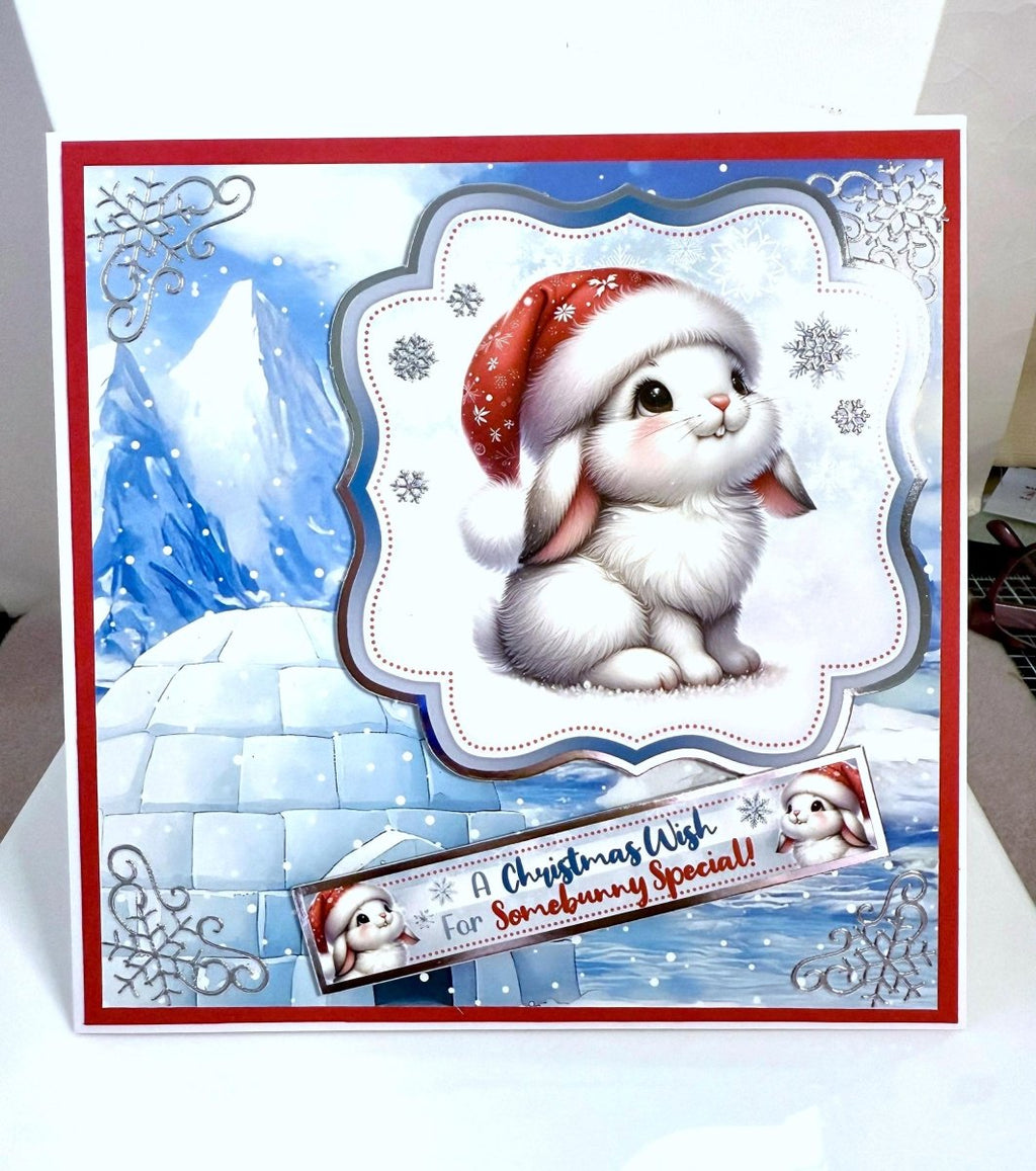 Handmade Christmas Card Cute Bunny, Rabbit in a Xmas Hat