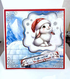 Handmade Christmas Card Cute Bunny, Rabbit in a Xmas Hat