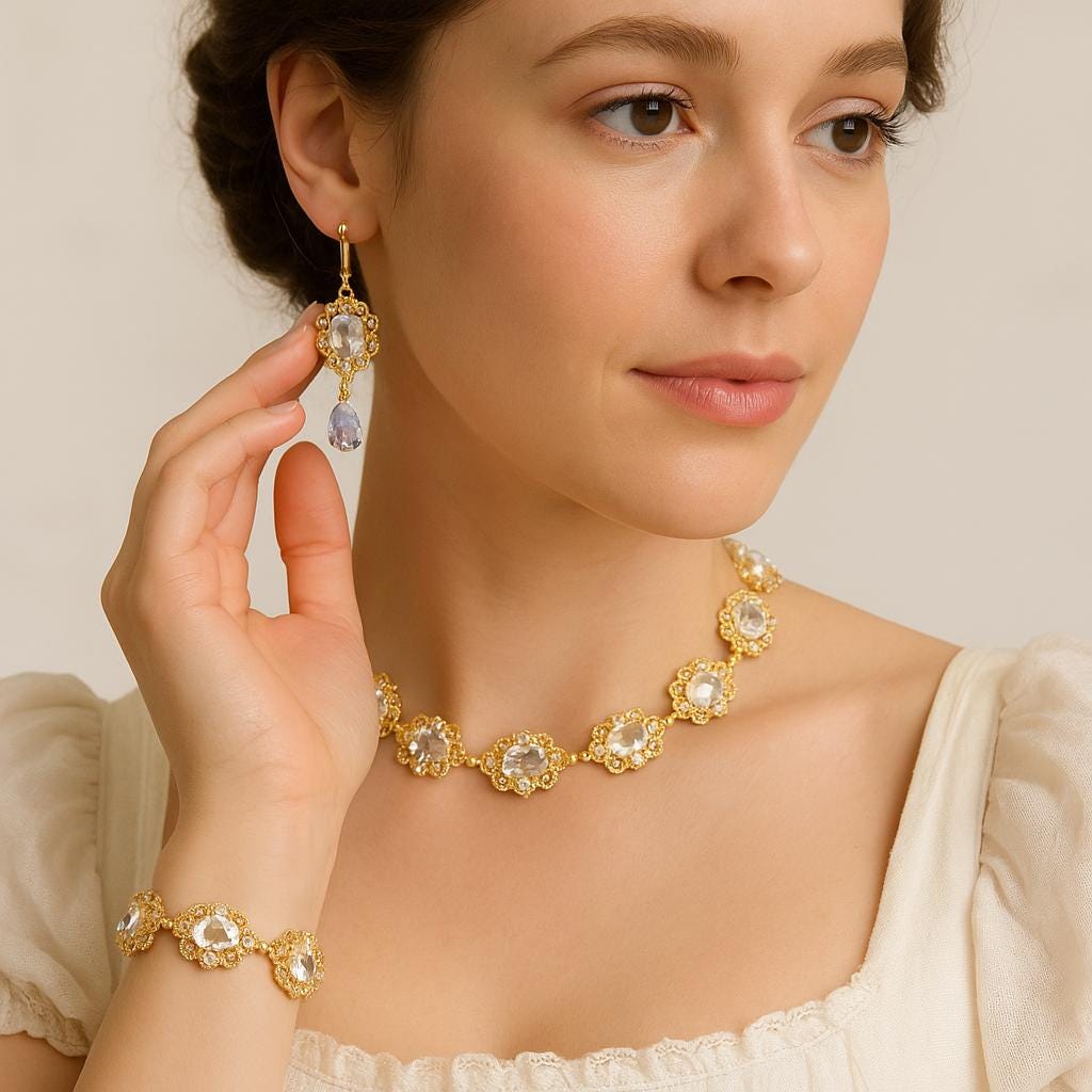 Vintage Style Clear Crystal Gold Jewellery Set | Regency Flower Necklace Earrings Bracelet
