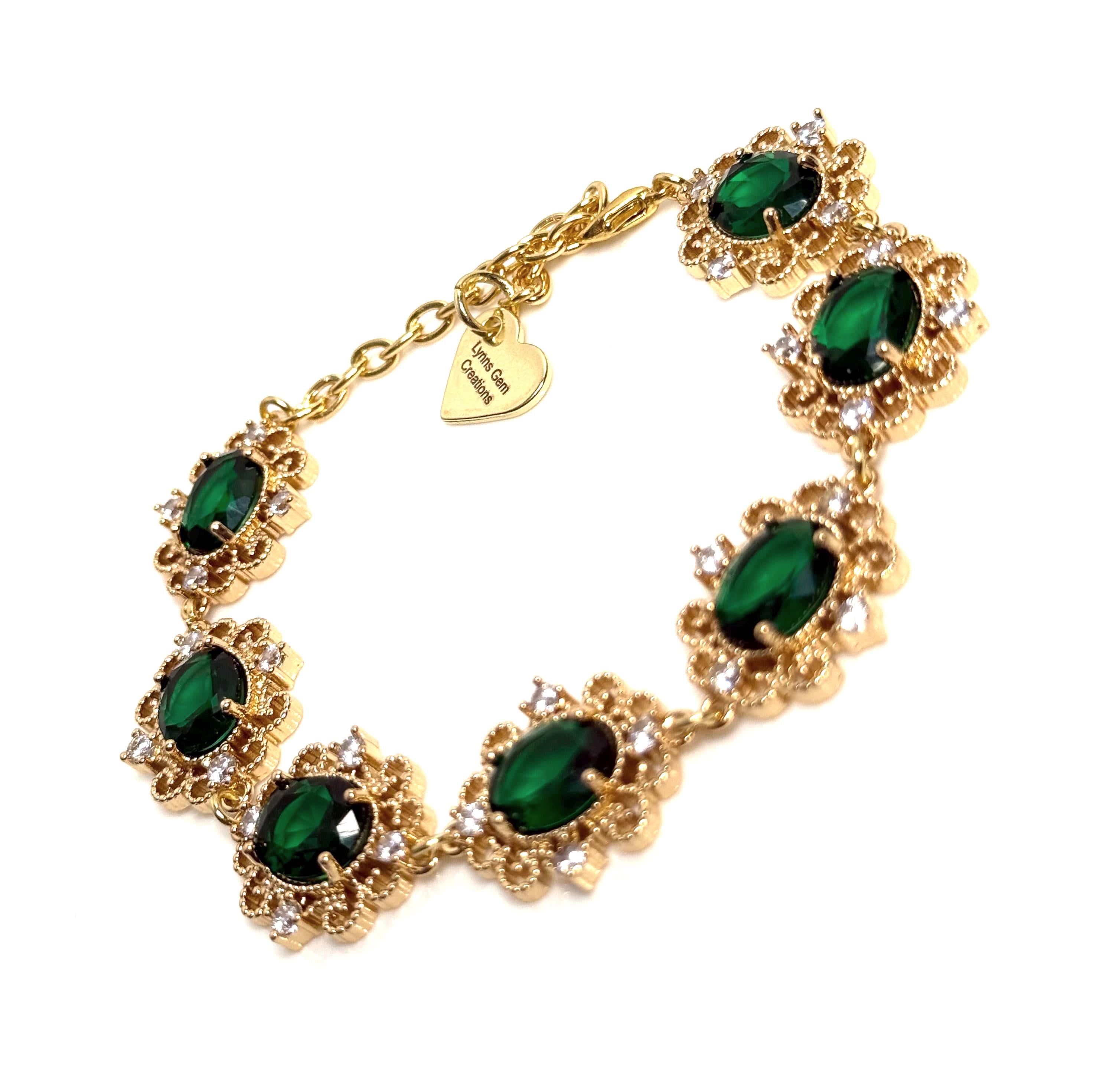 Emerald Regency Style Crystal Flower Jewelry Set, Gold Plated Necklace, Earrings & Bracelet