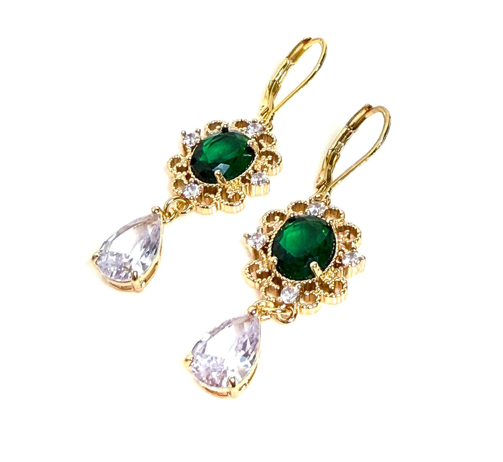 Emerald Regency Style Crystal Flower Jewelry Set, Gold Plated Necklace, Earrings & Bracelet