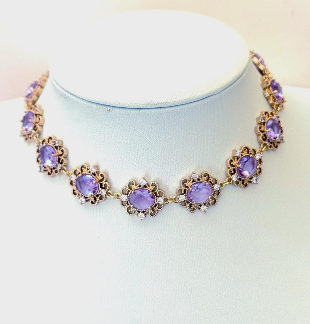 Amethyst Regency Style CZ Crystal Flower Jewelry Set | Gold Plated