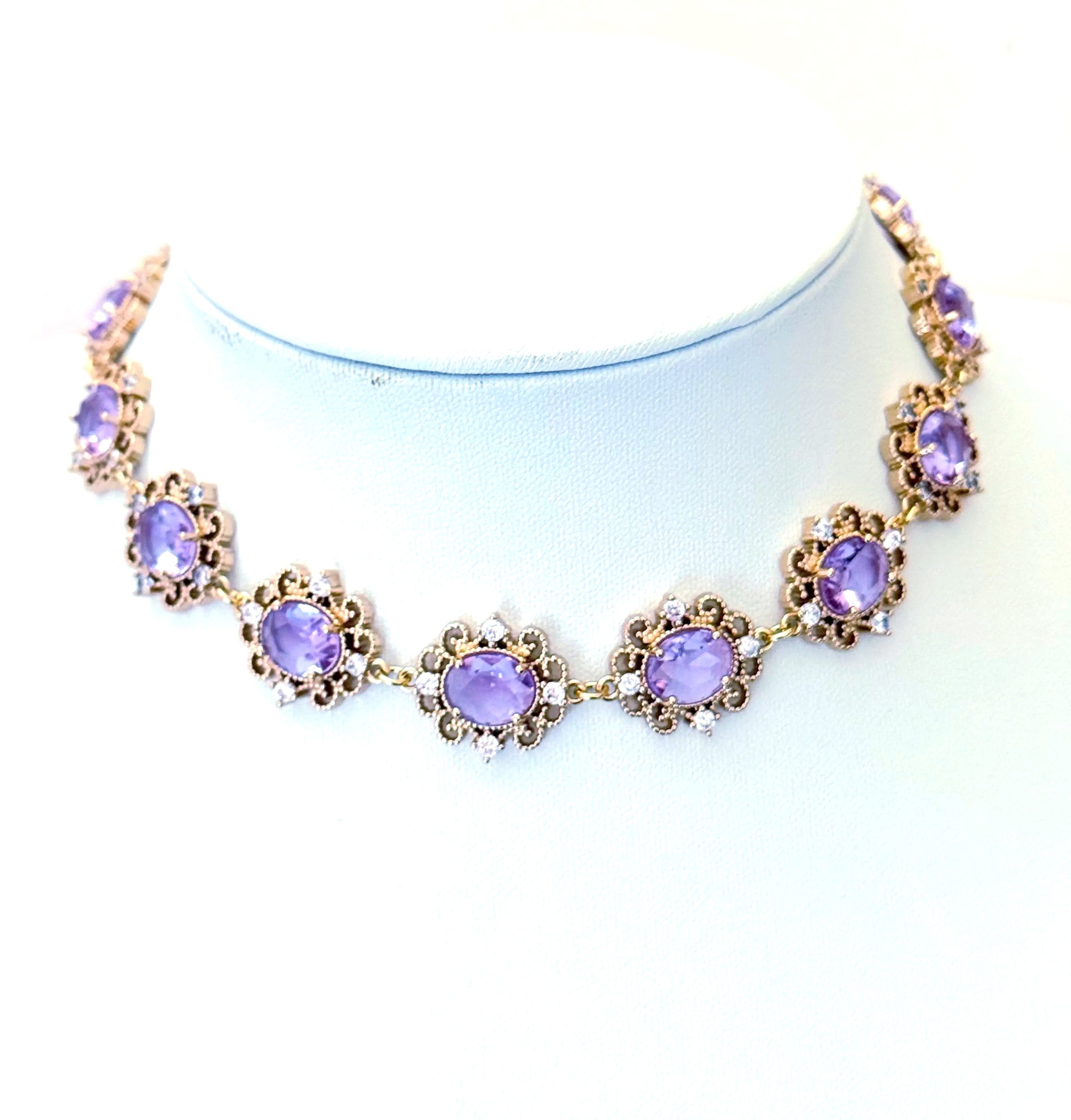 Amethyst Regency Style CZ Crystal Flower Jewelry Set | Gold Plated 