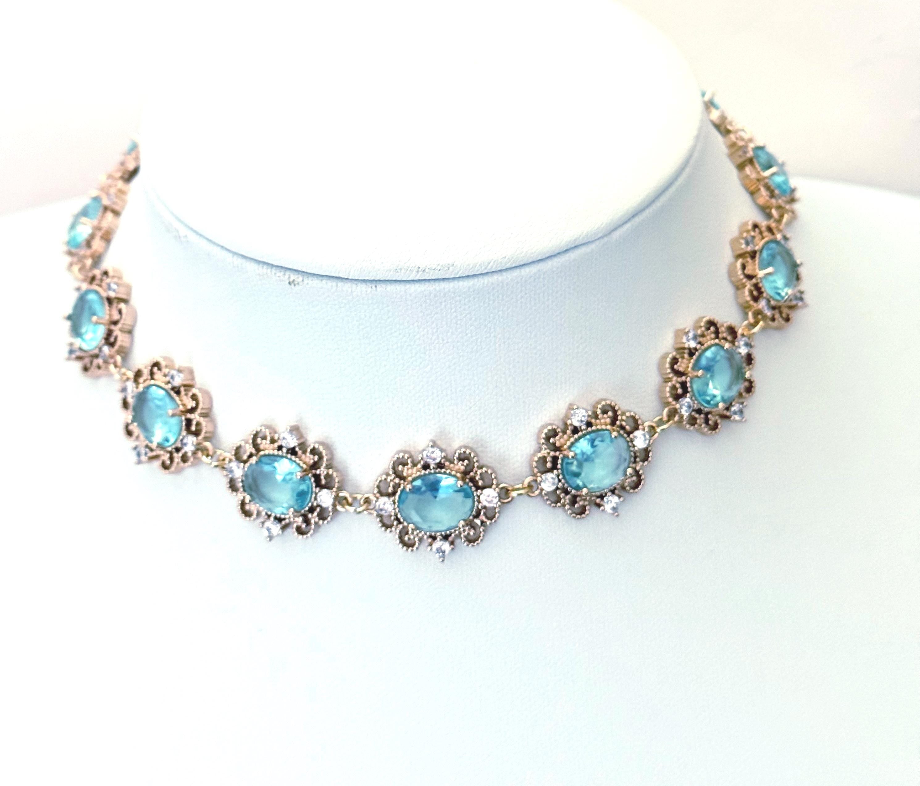 Aquamarine Regency Style Crystal Flower Jewelry Set 