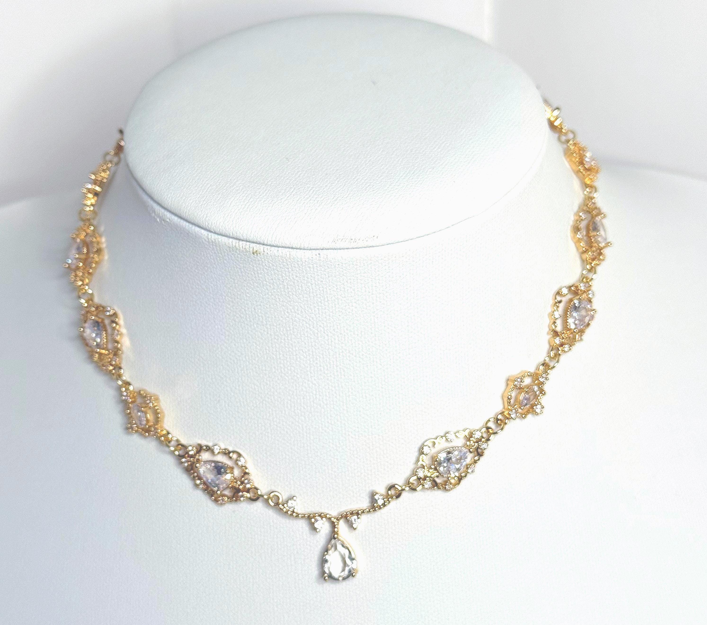 Regency Style Clear Crystal Choker and Earrings Set | Gold Plated Fairycore Jewellery