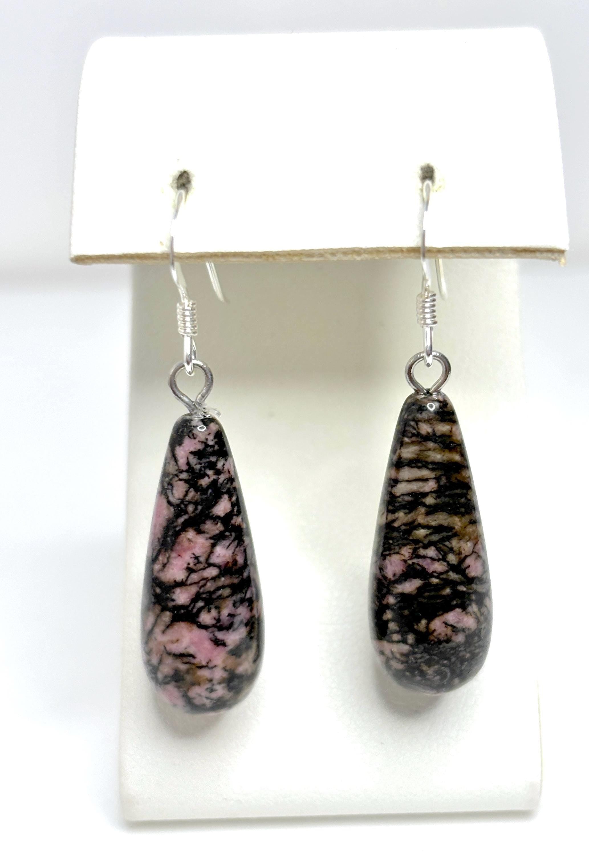 Natural Rhodonite Sterling Silver Teardrop Earrings | Pink & Black Gemstone