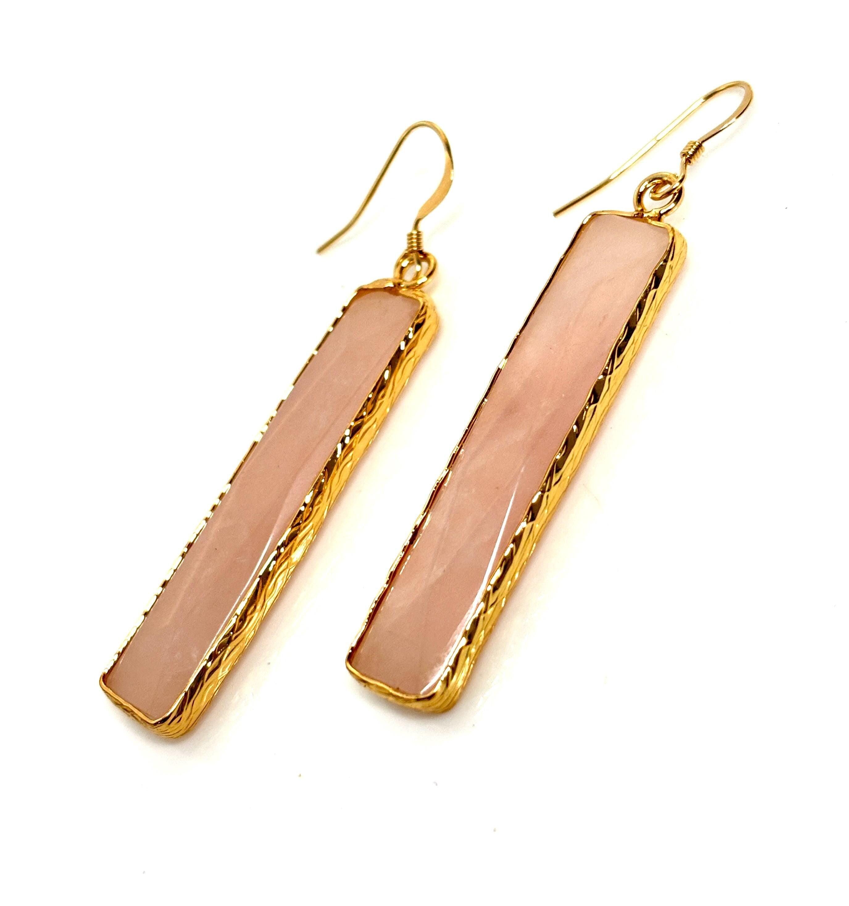 Rose Quartz Bar Earrings | Long Geometric Drops | January Birthstone