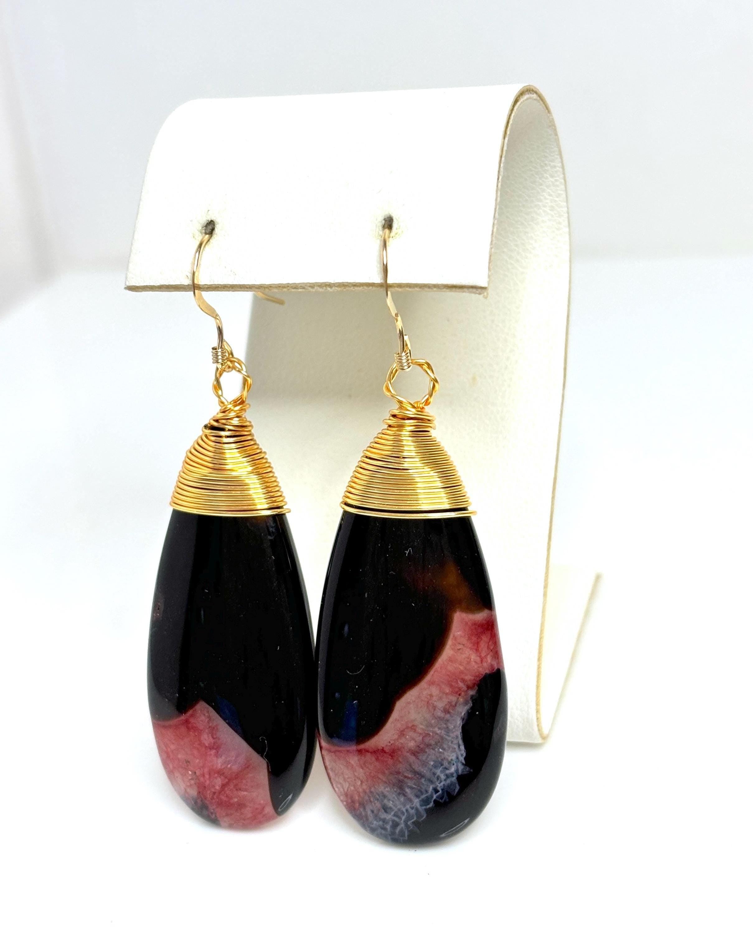 Indian Red Agate Teardrop Earrings | Gold Filled May Birthstone