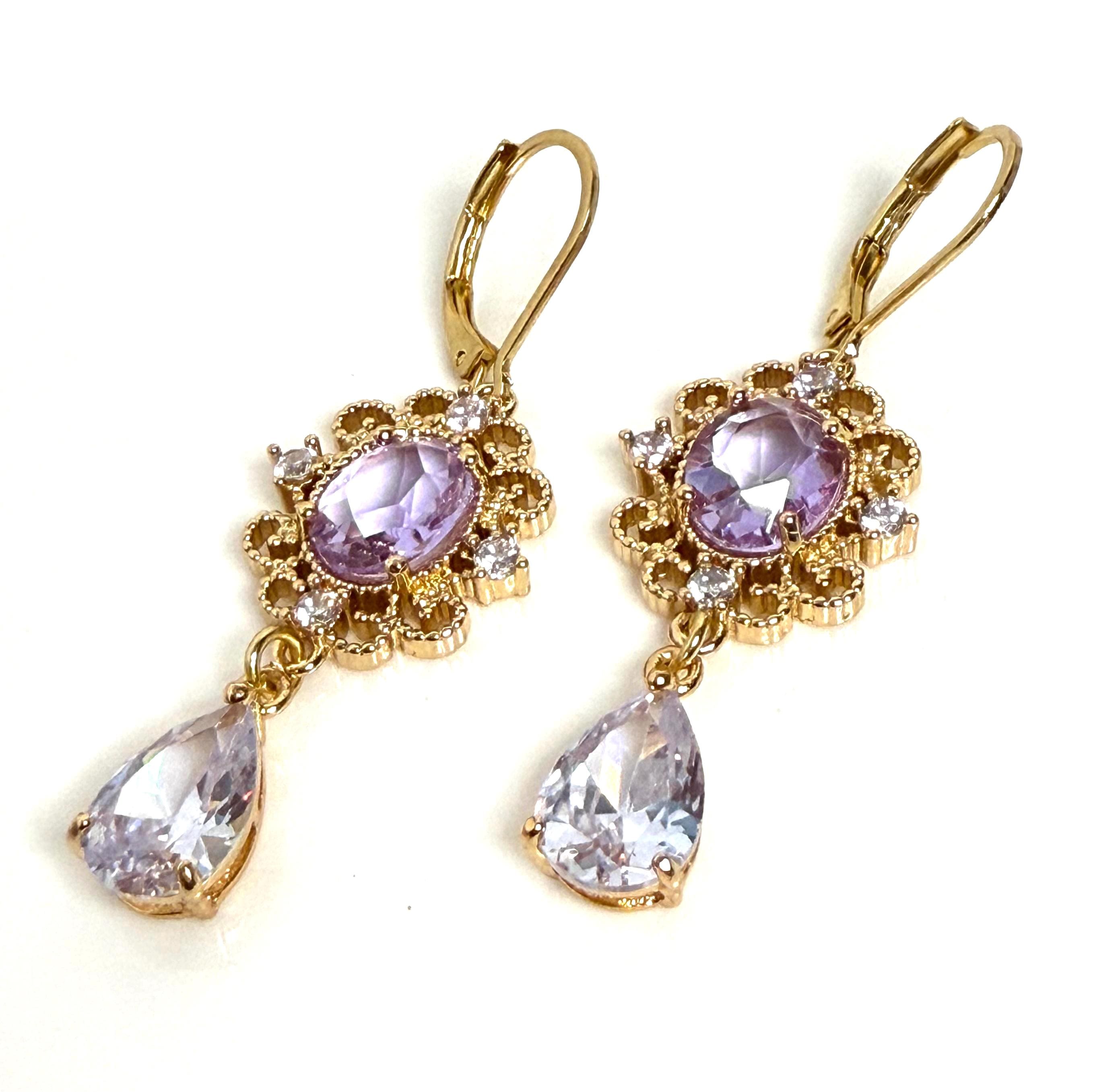 Amethyst Regency Style CZ Crystal Flower Jewelry Set | Gold Plated 