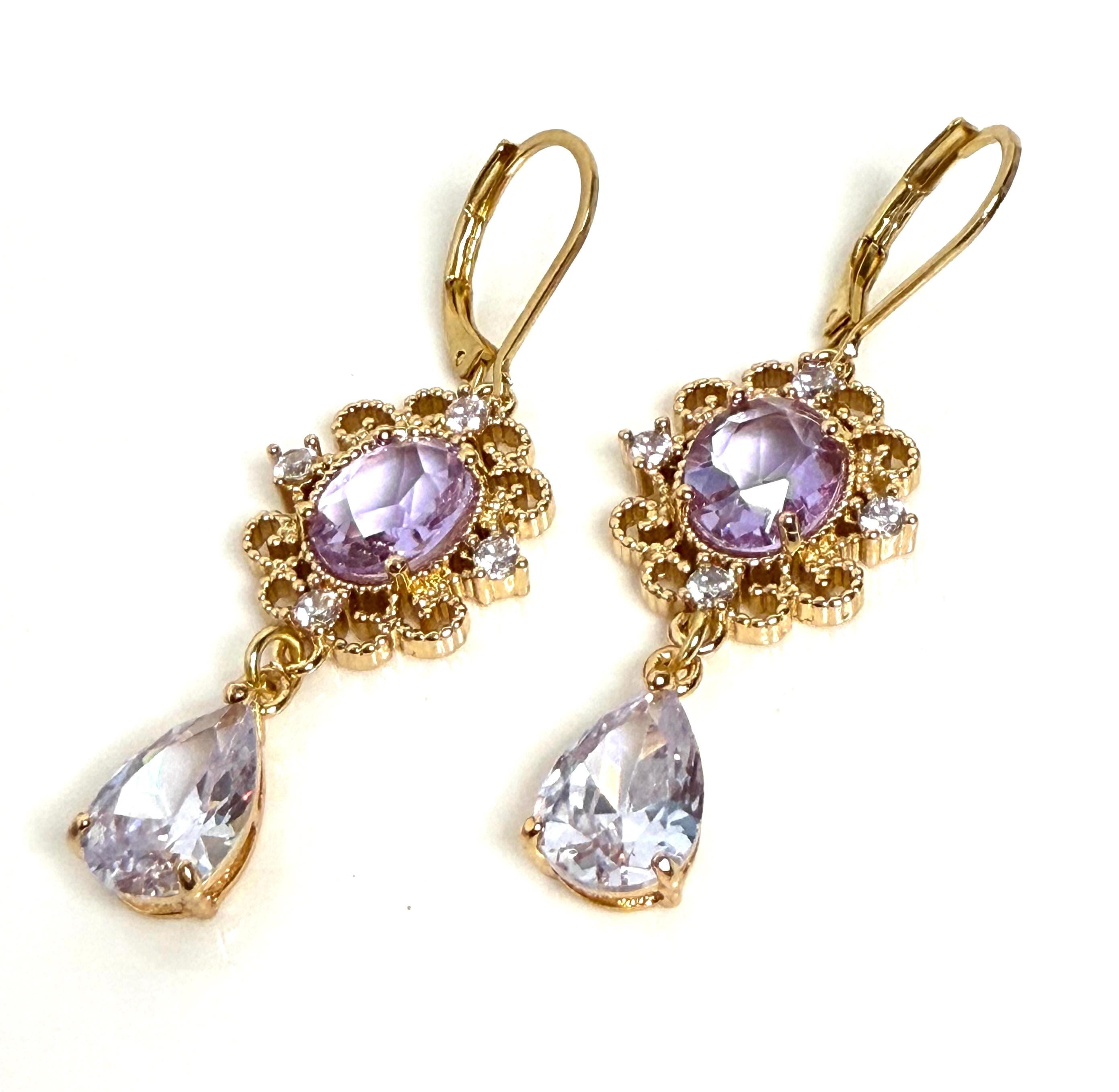 Amethyst Regency Style CZ Crystal Flower Jewelry Set | Gold Plated