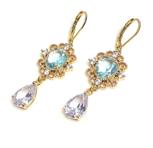 Aquamarine Regency Style Crystal Flower Jewelry Set, Gold Plated Necklace, Earrings & Bracelet