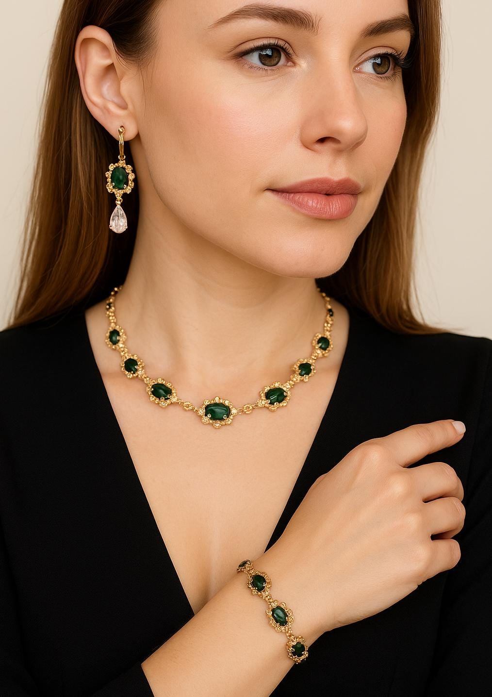 Emerald Regency Style Crystal Flower Earrings Jewellery Set