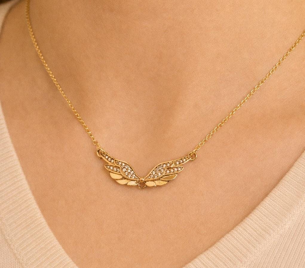 Crystal CZ Wings Gold Filled Necklace, Daily Wear Jewellery for Women, Gifts for Her