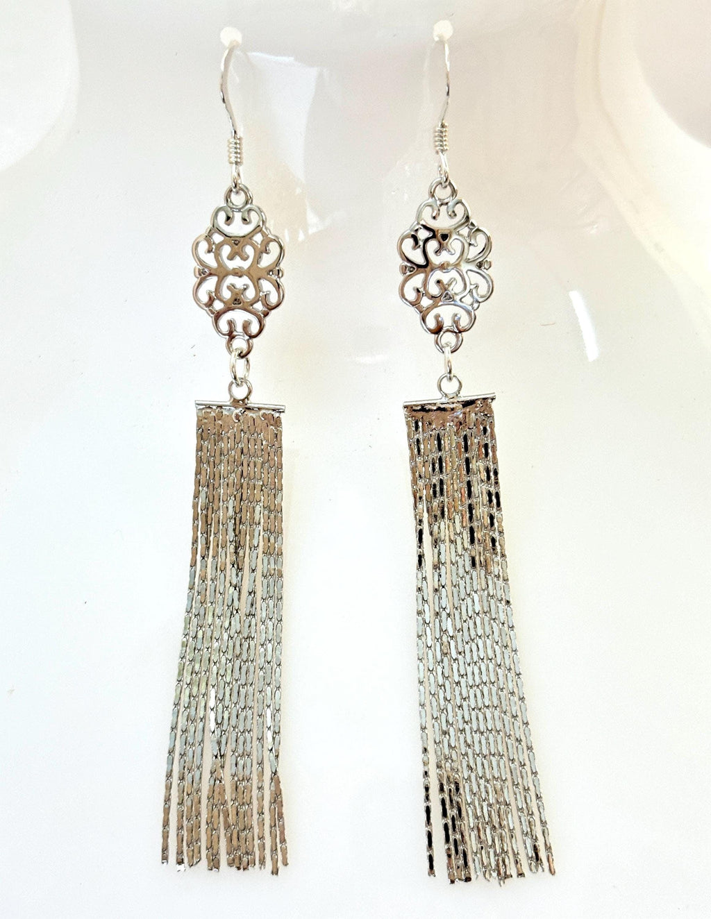 Sterling Silver Tassel Earrings| Extra Long Filigree Chain Drops