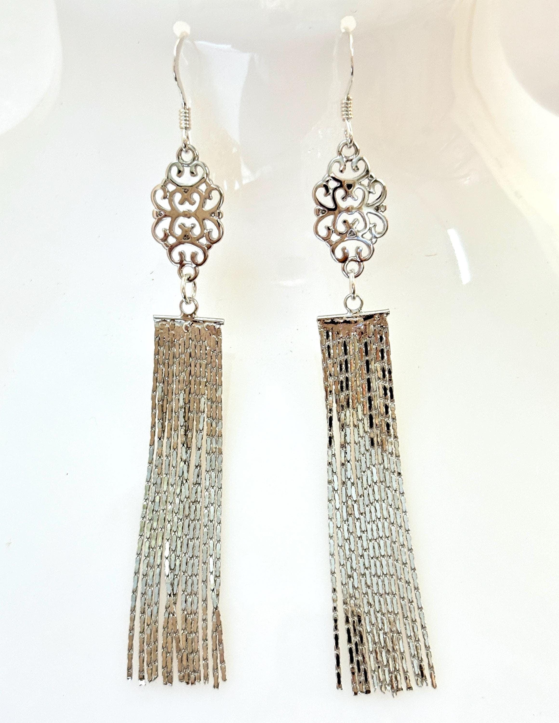 Sterling Silver Tassel Earrings| Extra Long Filigree Chain Drops