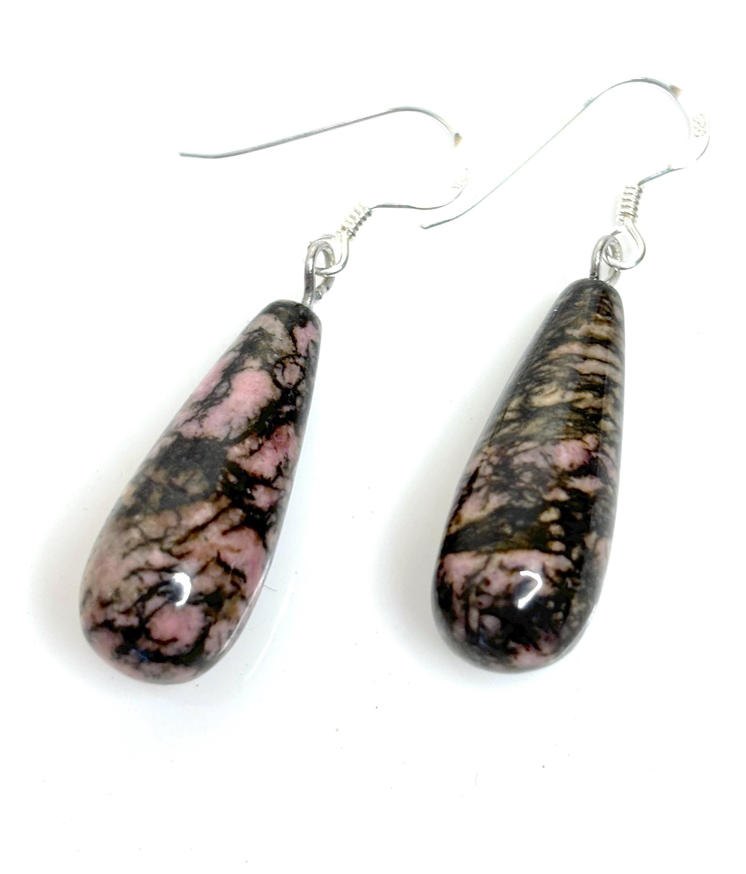 Natural Rhodonite Sterling Silver Teardrop Earrings | Pink & Black Gemstone
