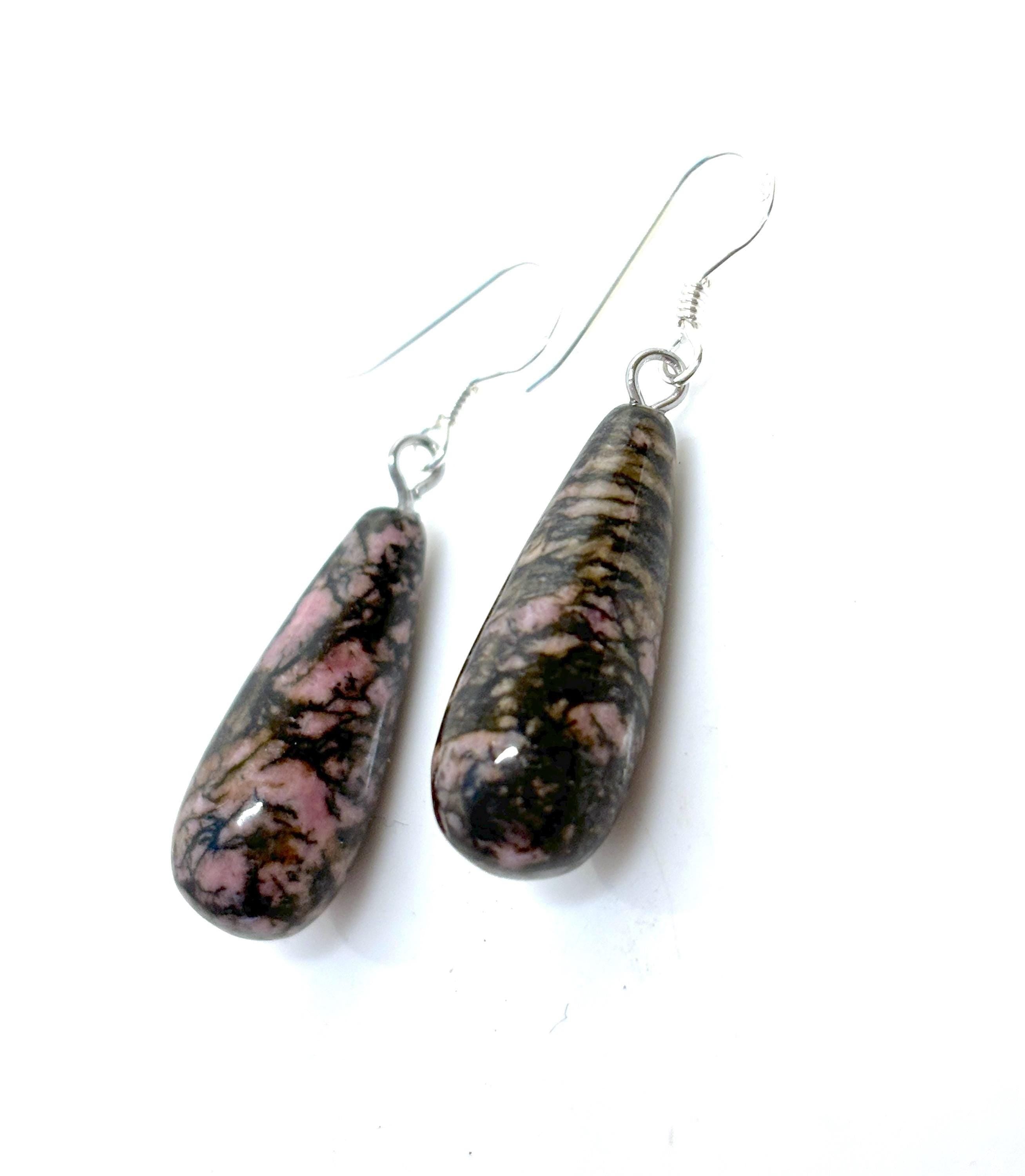 Natural Rhodonite Sterling Silver Teardrop Earrings | Pink & Black Gemstone