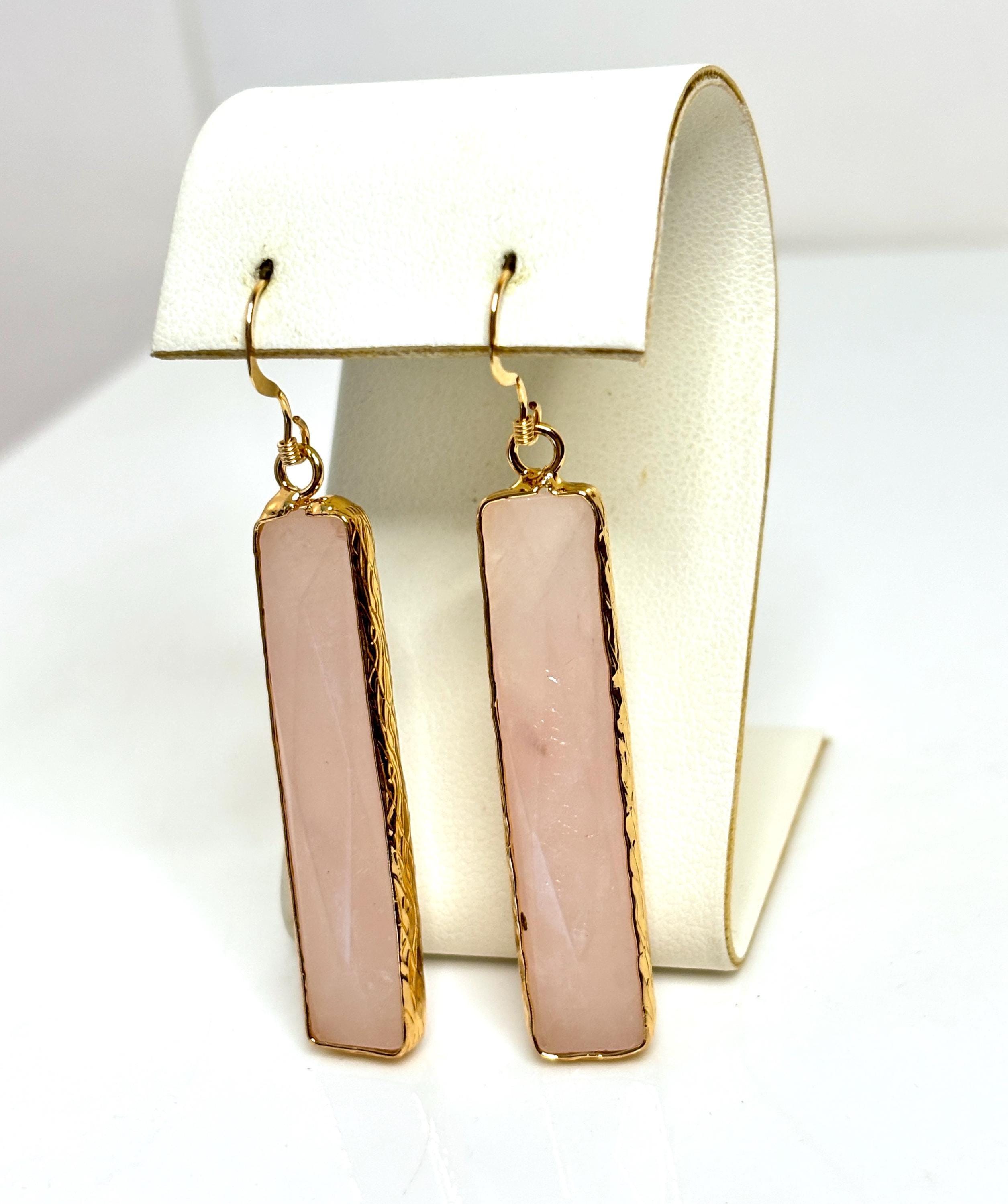 Rose Quartz Bar Earrings | Long Geometric Drops | January Birthstone