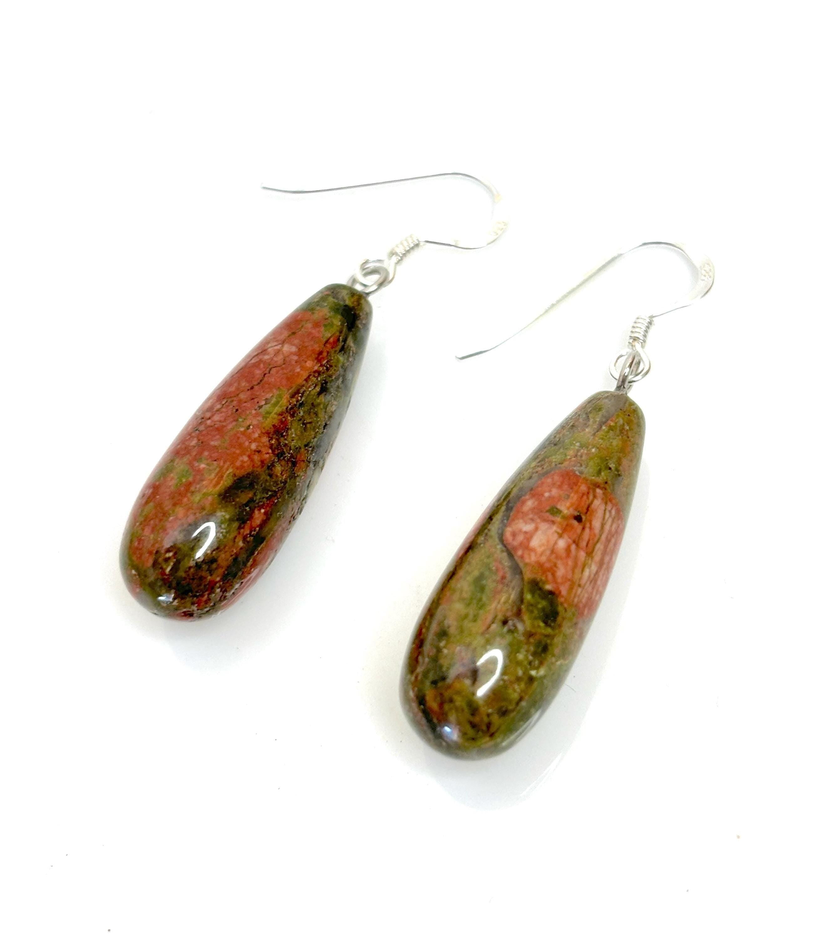 Natural Unakite Gemstone Teardrop Earrings | November Birthstone