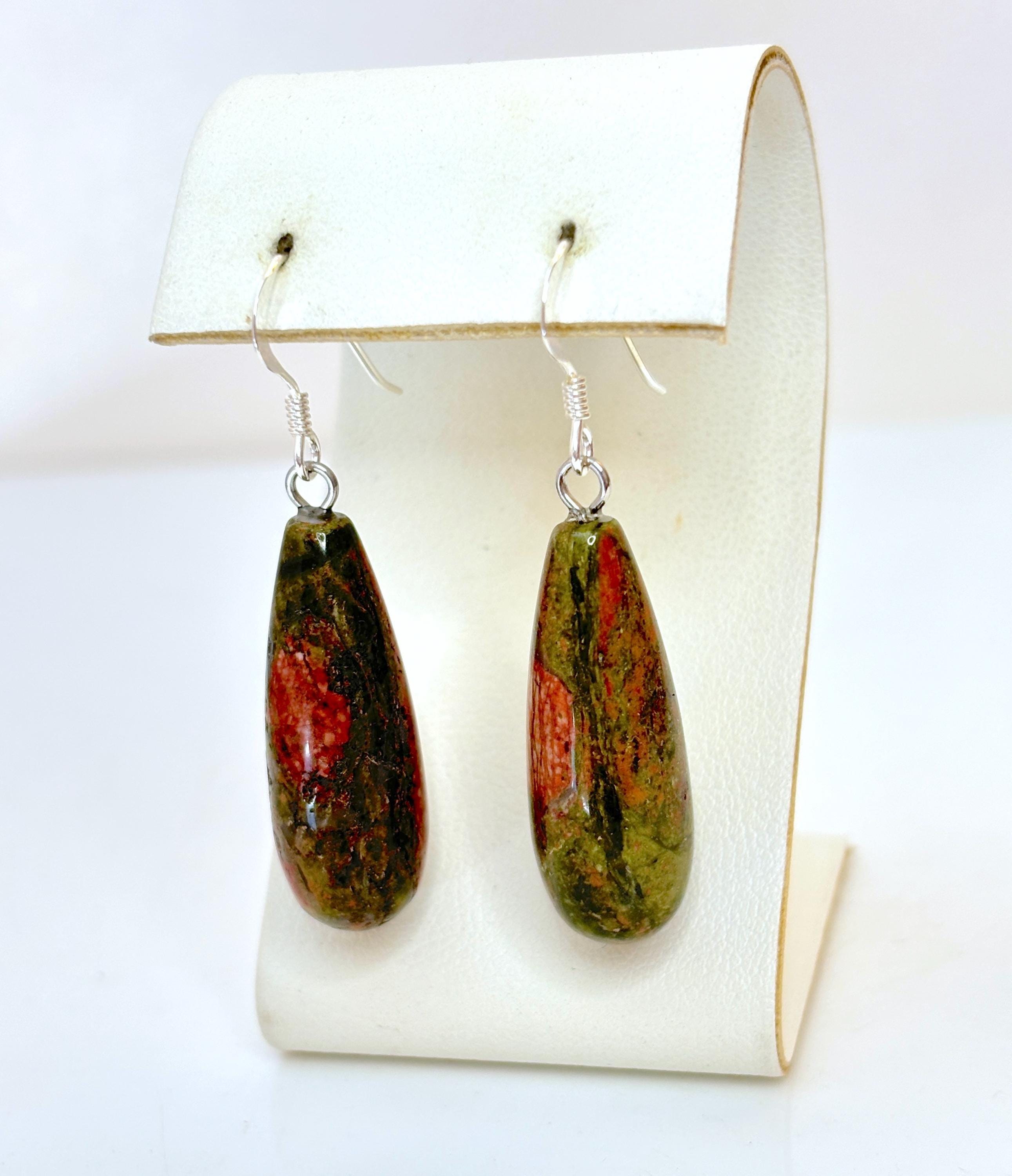 Natural Unakite Gemstone Teardrop Earrings | November Birthstone