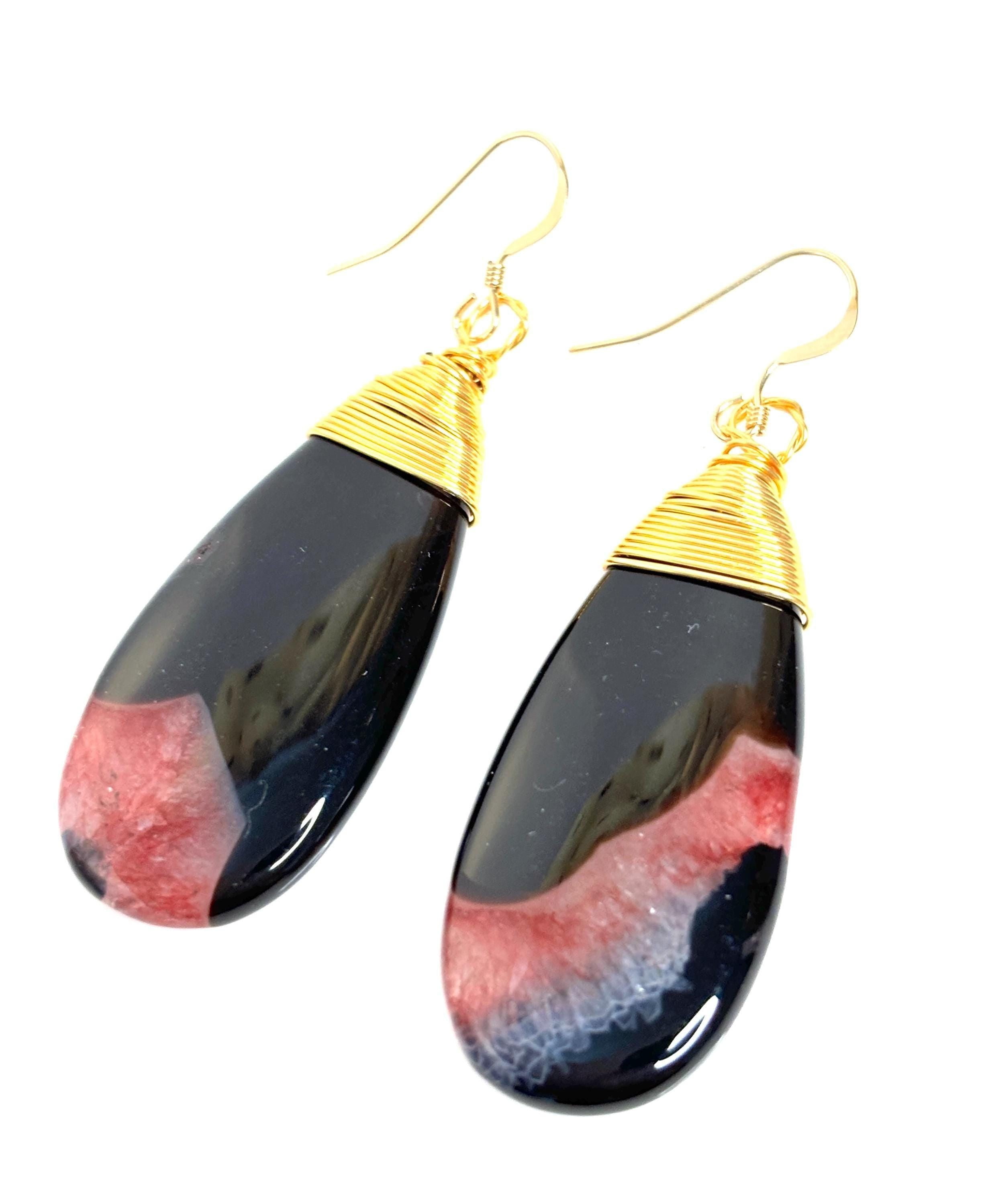 Indian Red Agate Teardrop Earrings | Gold Filled May Birthstone