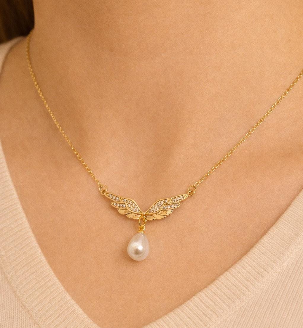 Crystal CZ Wings Gold Filled Necklace, Daily Wear Jewellery for Women, Gifts for Her