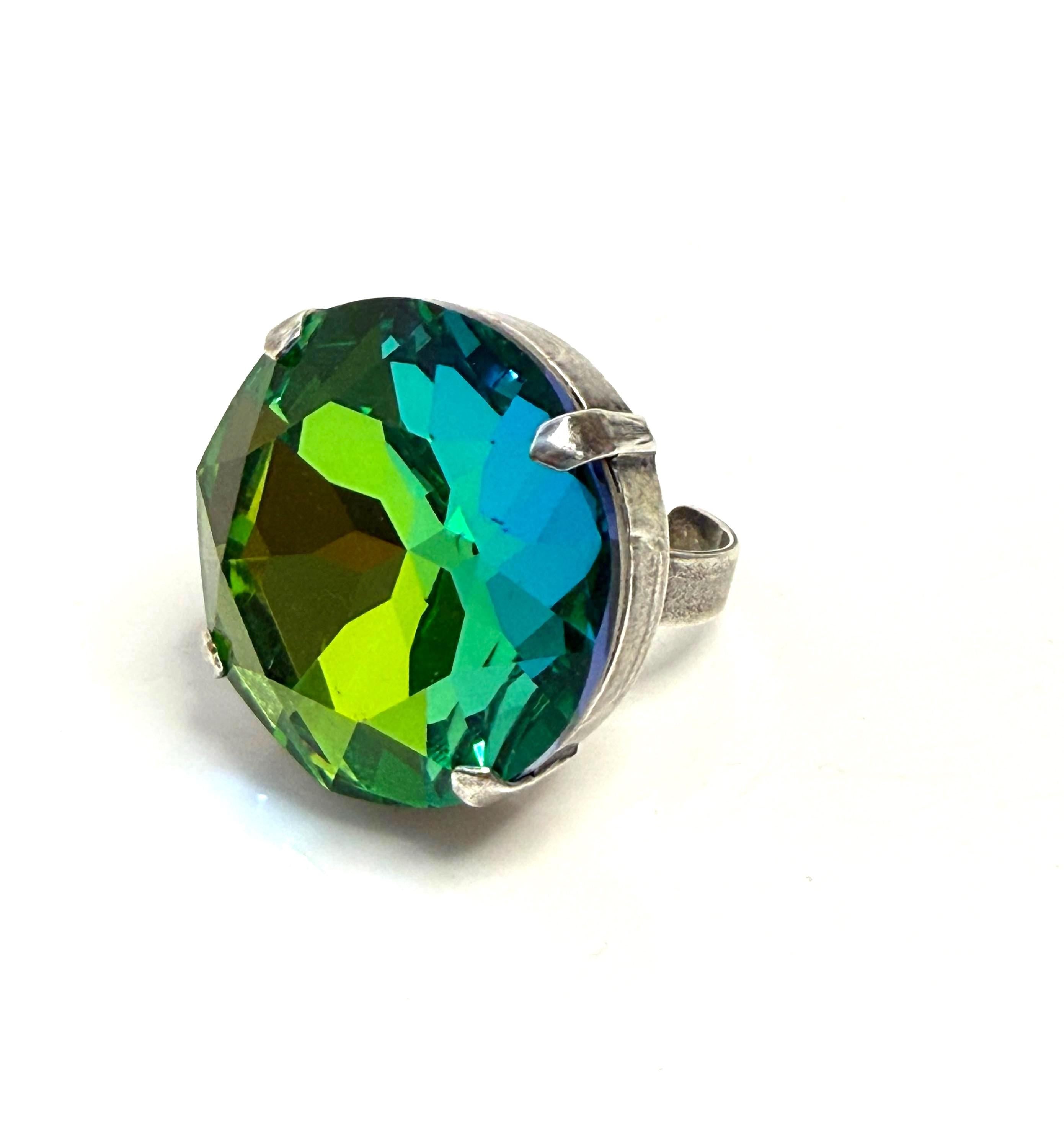Oversized Crystal Statement Ring | Green Rainbow CZ Adjustable Ring | 27mm 