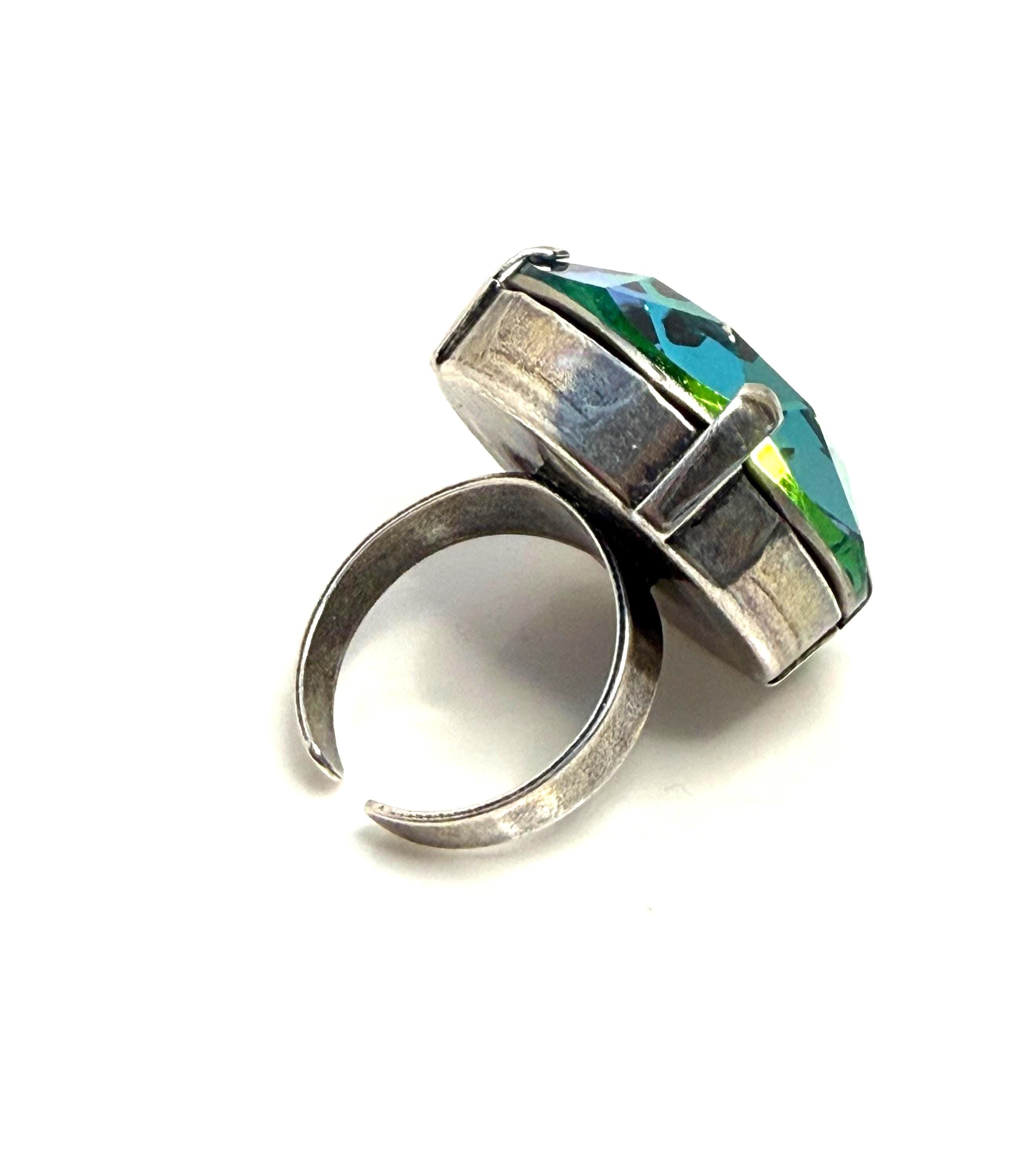 Oversized Crystal Statement Ring | Green Rainbow CZ Adjustable Ring | 27mm 