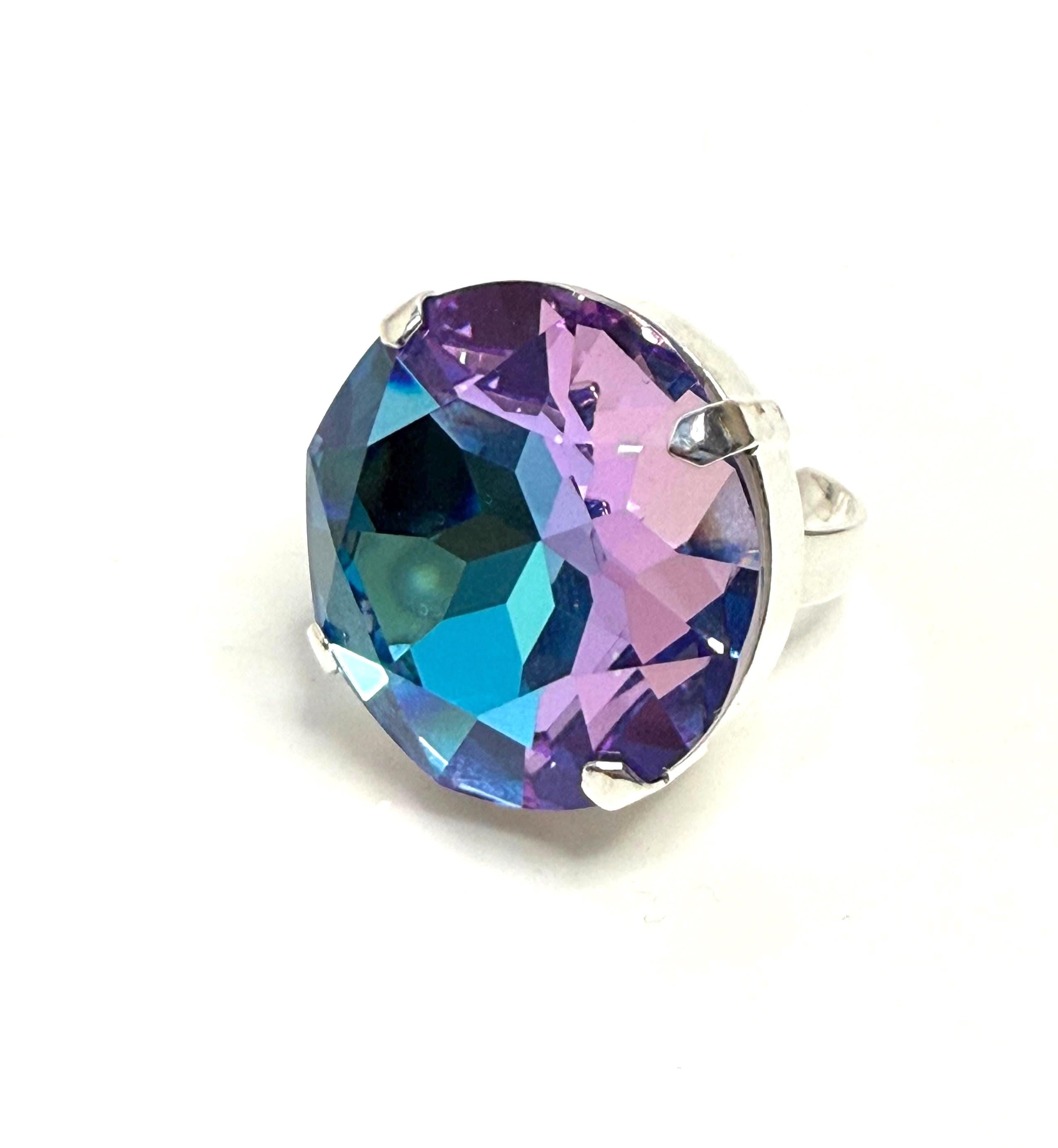 Blue Purple Oversized Crystal Statement Ring | Silver Adjustable Ring | 27mm