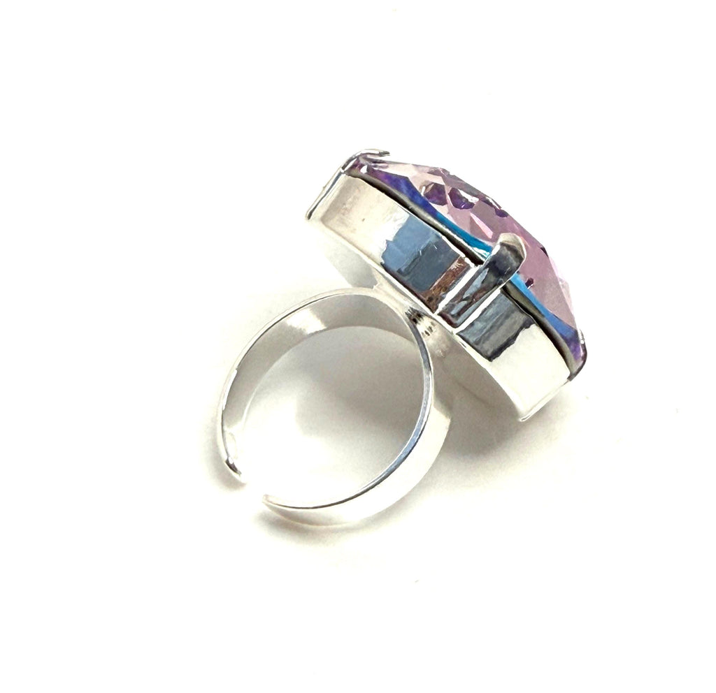 Blue Purple Oversized Crystal Statement Ring | Silver Adjustable Ring | 27mm 