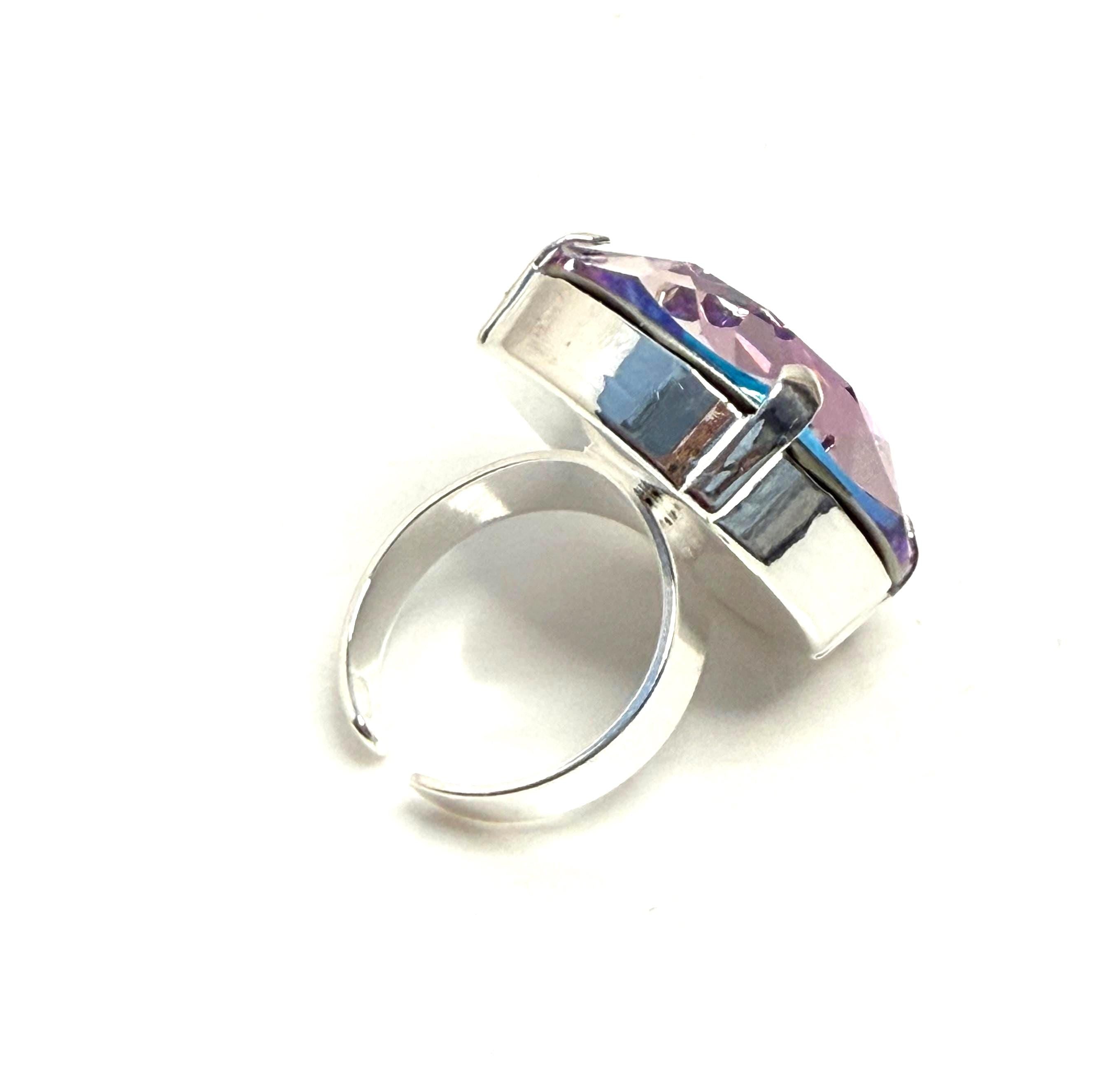Blue Purple Oversized Crystal Statement Ring | Silver Adjustable Ring | 27mm 