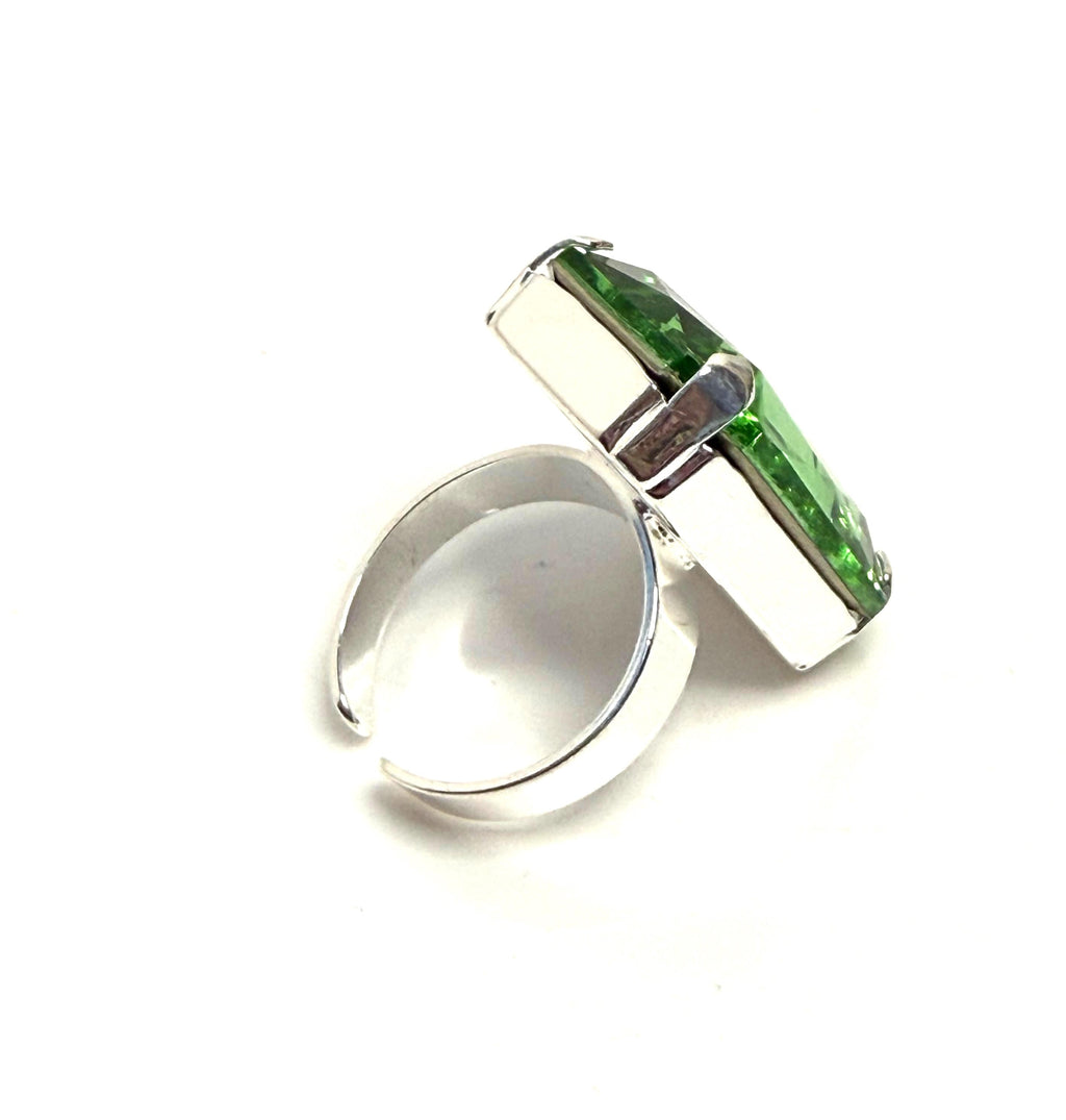 Oversized Peridot Green Crystal Ring | Adjustable Silver Cocktail Ring | 27mm