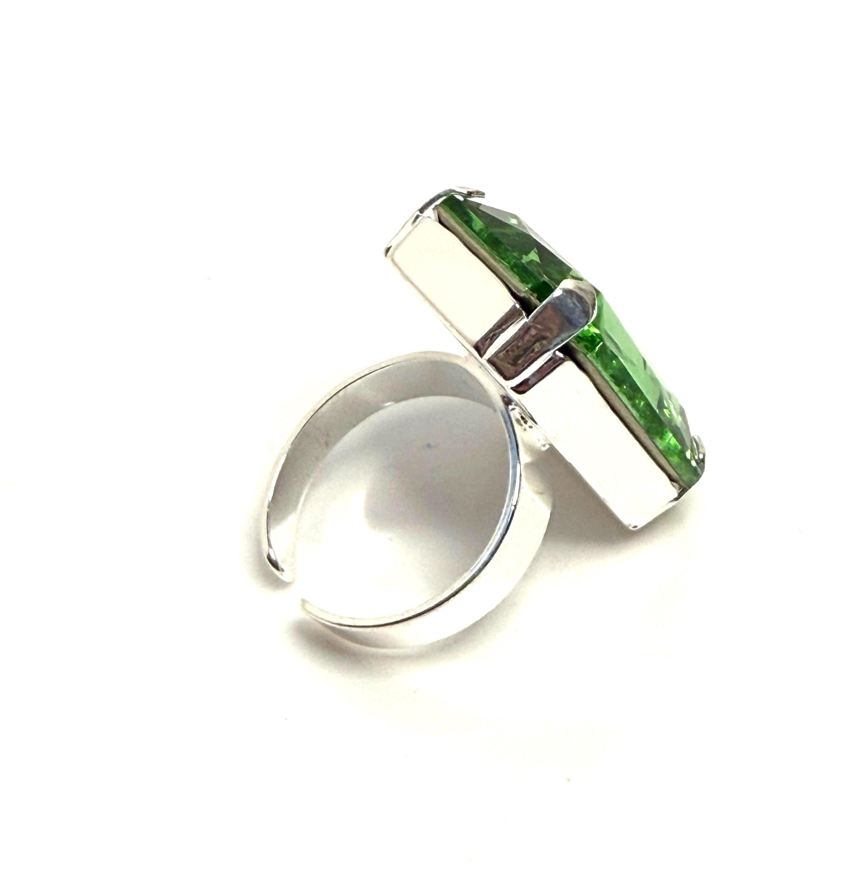 Oversized Peridot Green Crystal Ring | Adjustable Silver Cocktail Ring | 27mm